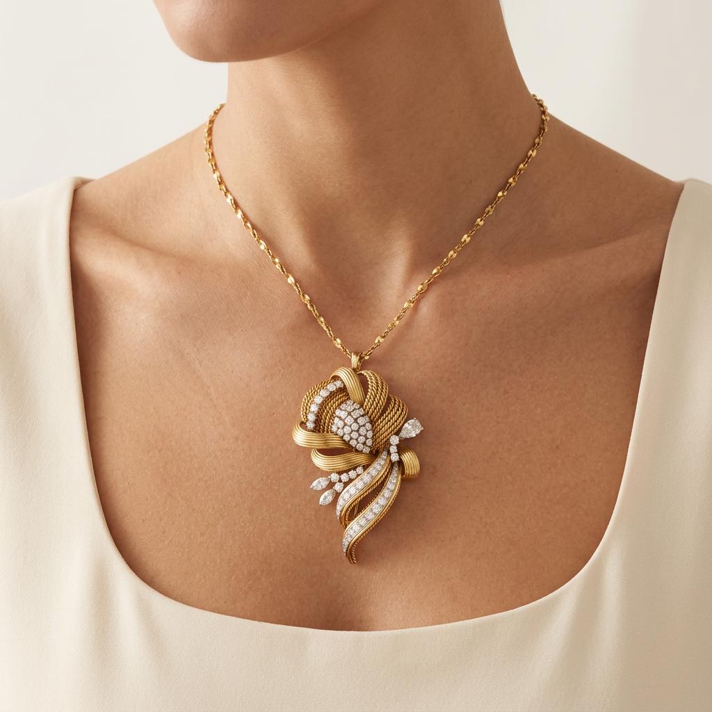 1960s Diamond Bow Brooch and Pendant, 5.25 Carats, 18K Gold with Detachable Chai