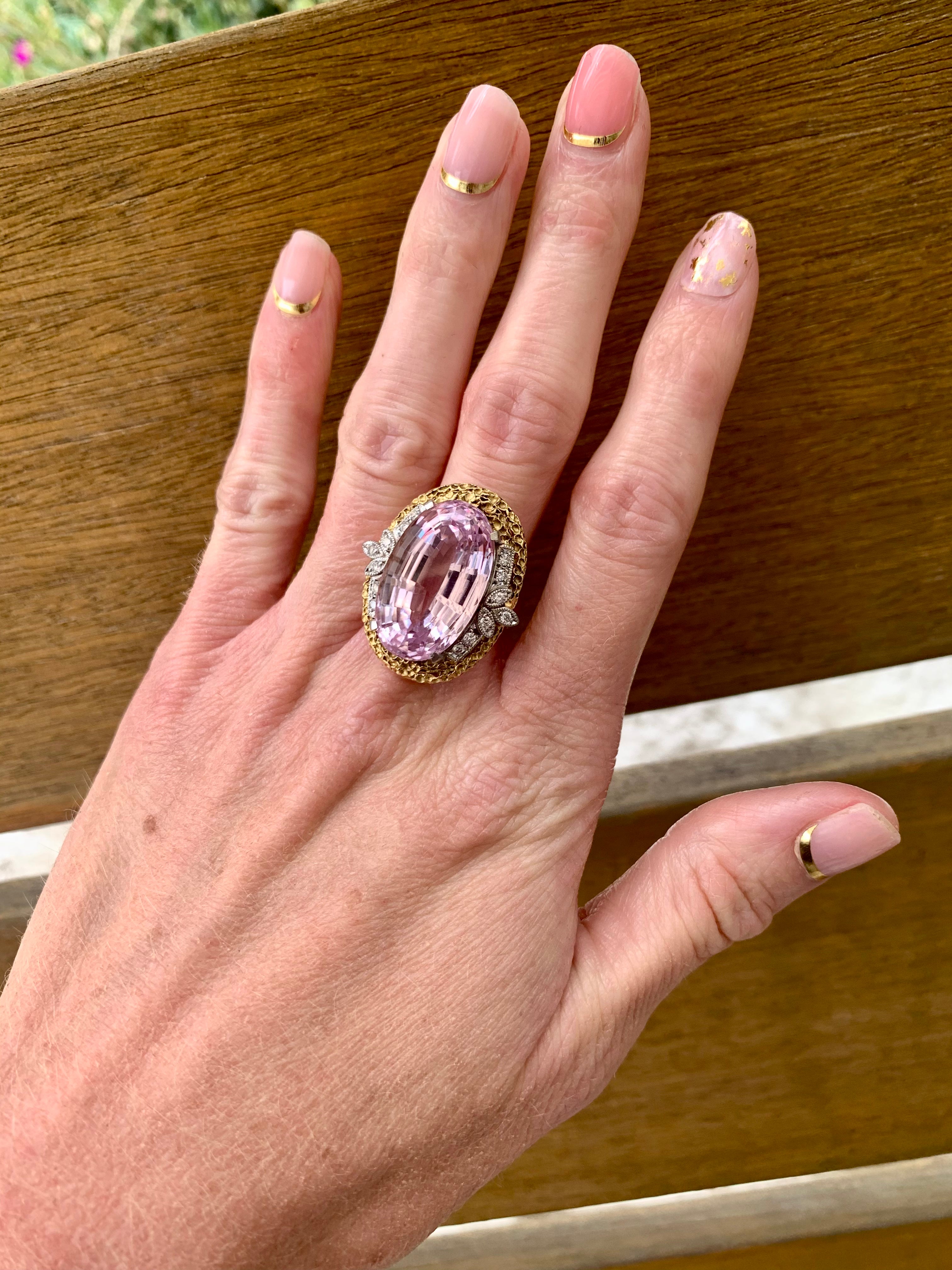 Kunzite and Diamond 18K Yellow Gold and Platinum Ring, circa 1960s