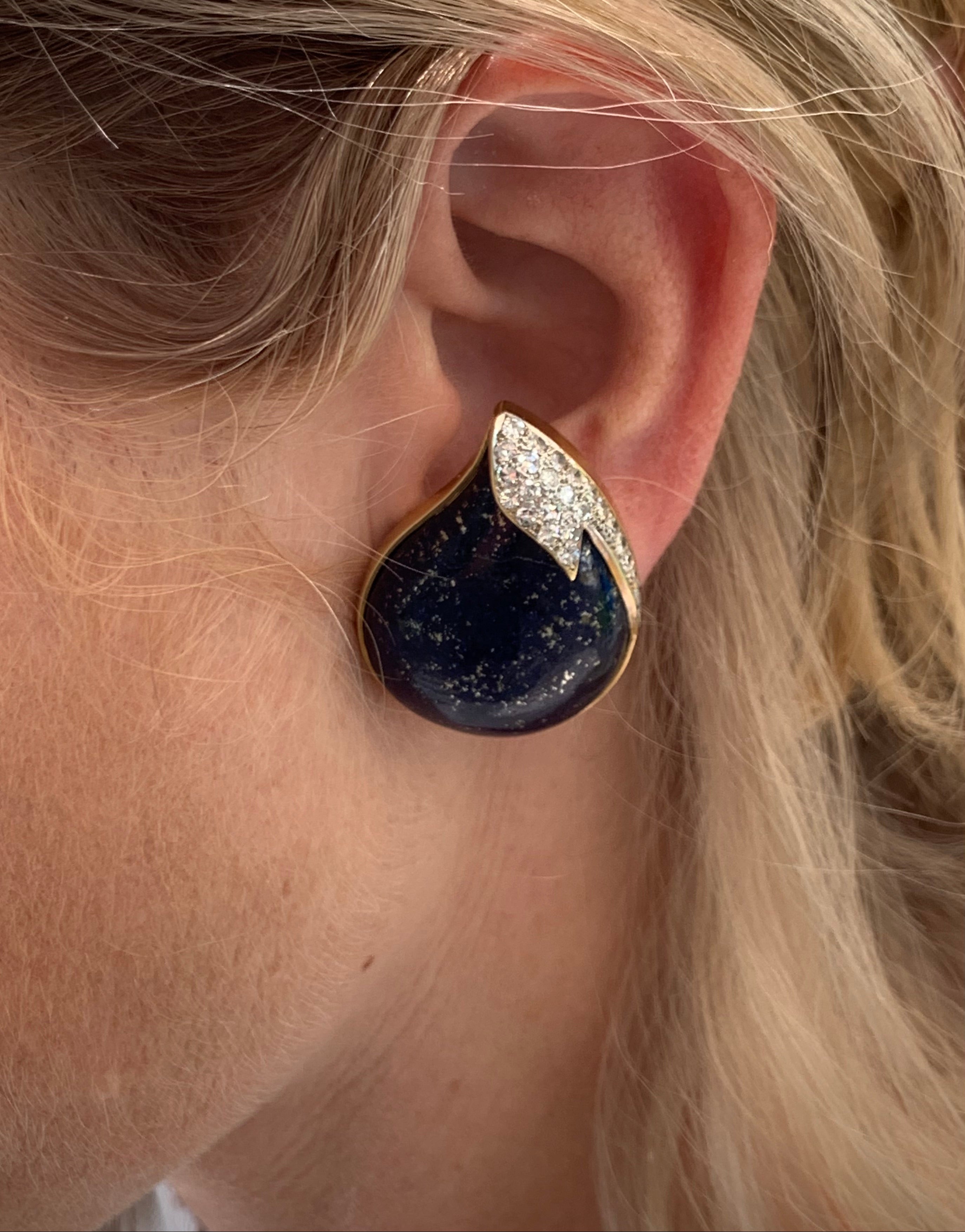 Lapis Lazuli and Diamond 18k Yellow Gold Earrings, circa 1970s