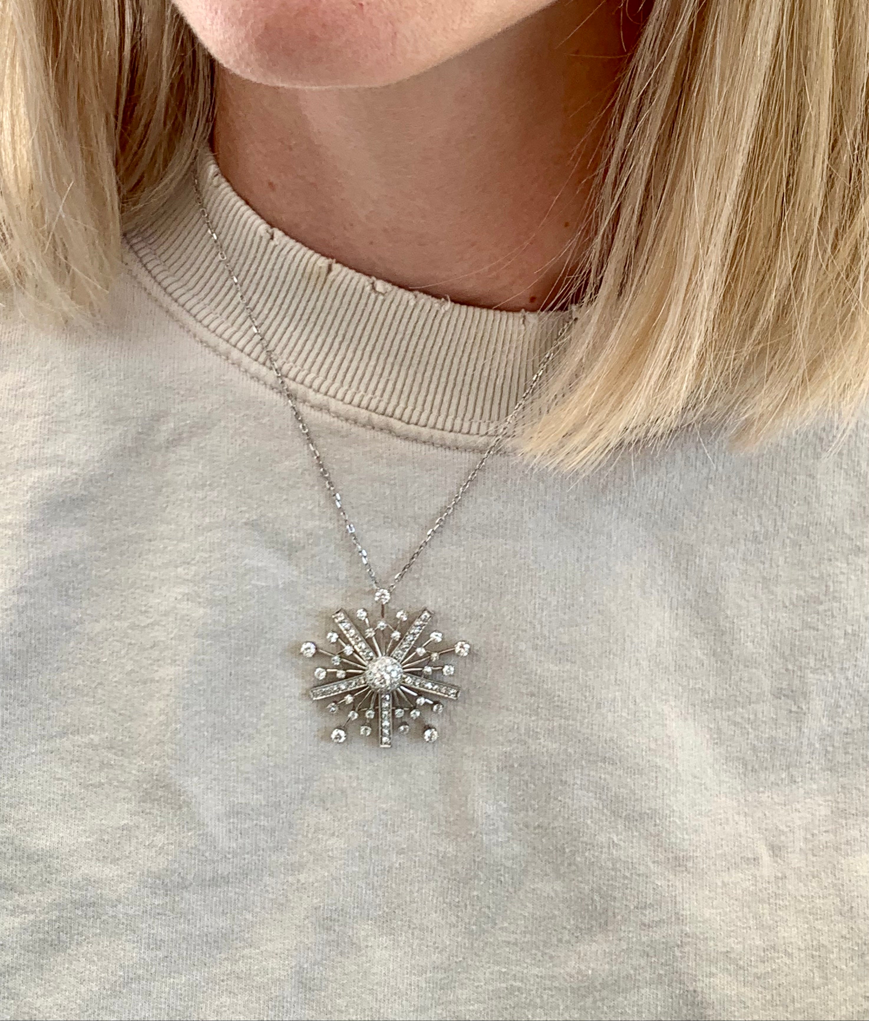 Mid-Century Diamond Snowflake Platinum Pendant