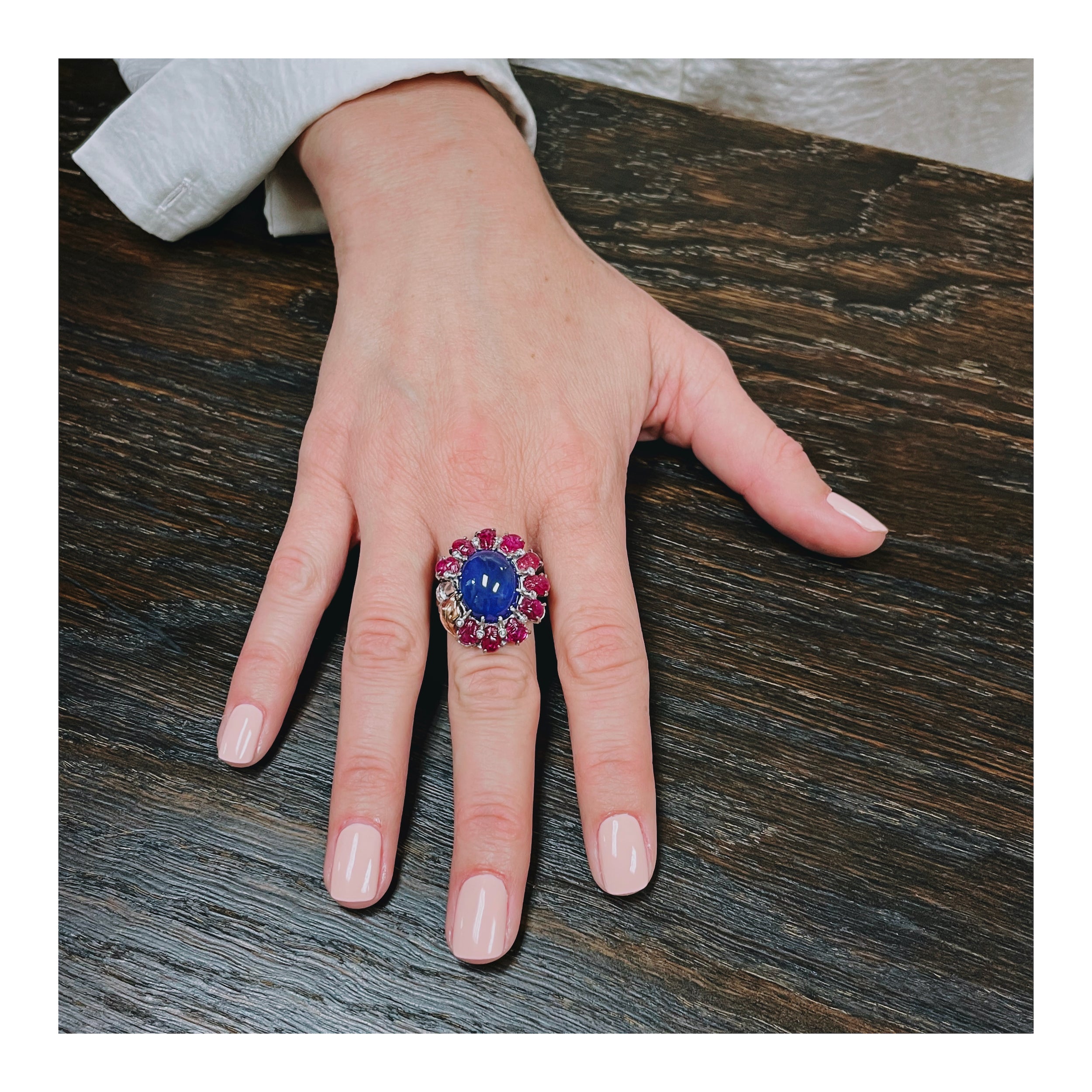 Mid-Century Sapphire, Ruby and Diamond Platinum Ring