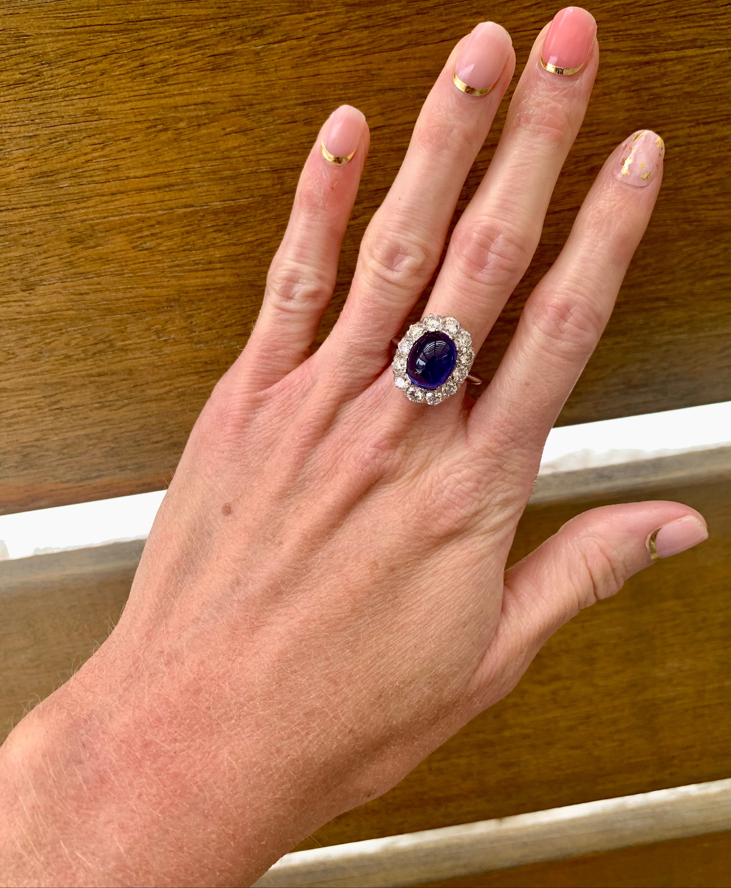 Mid-Century Sapphire and Diamond Platinum and 18K White Gold Ring, circa 1950s