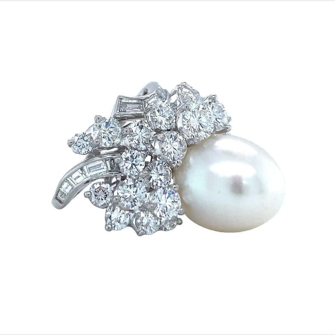 Mid-Century South Sea Pearl and Diamond Platinum Ring