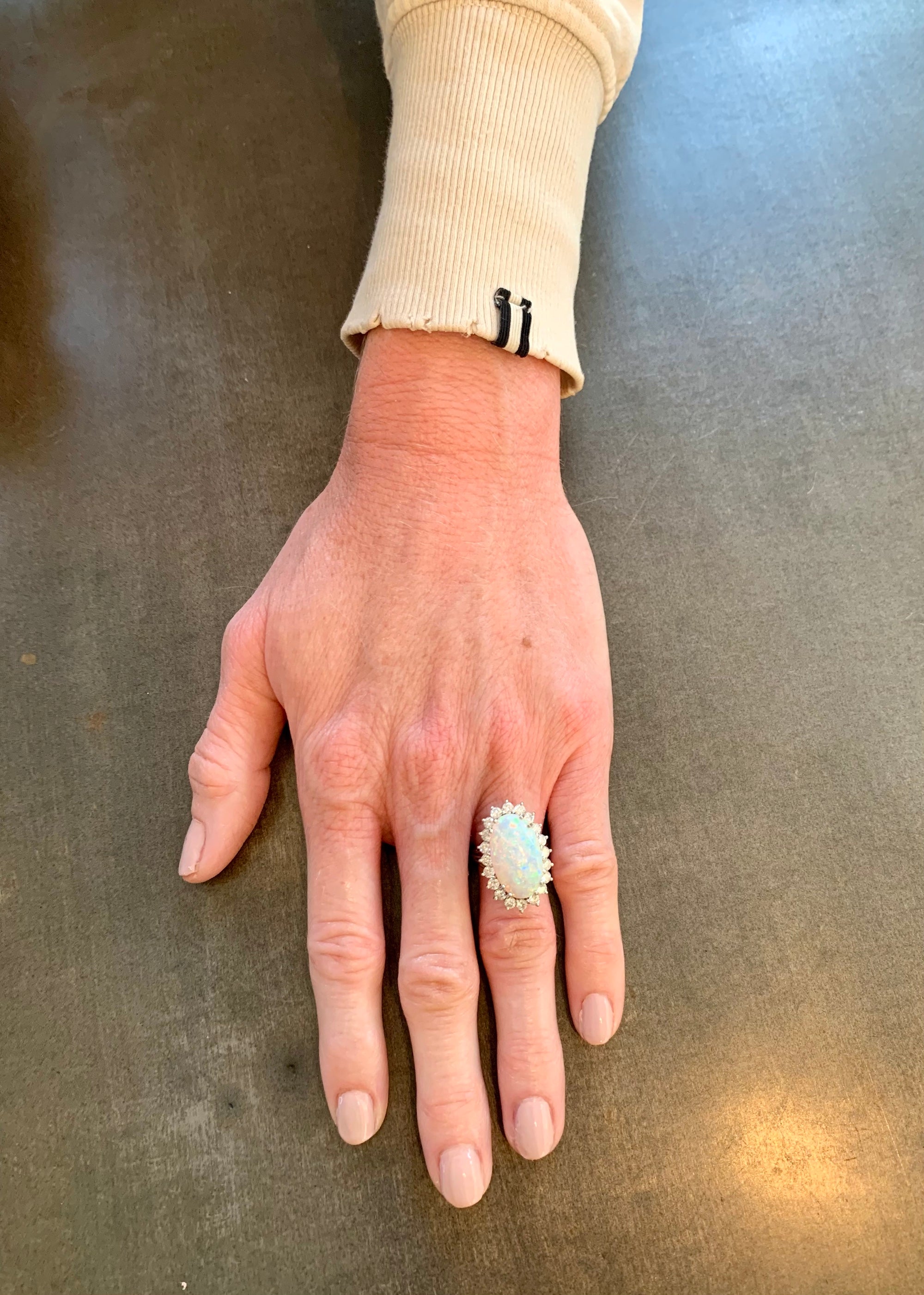 Mid-Century White Opal and Diamond Platinum Ring