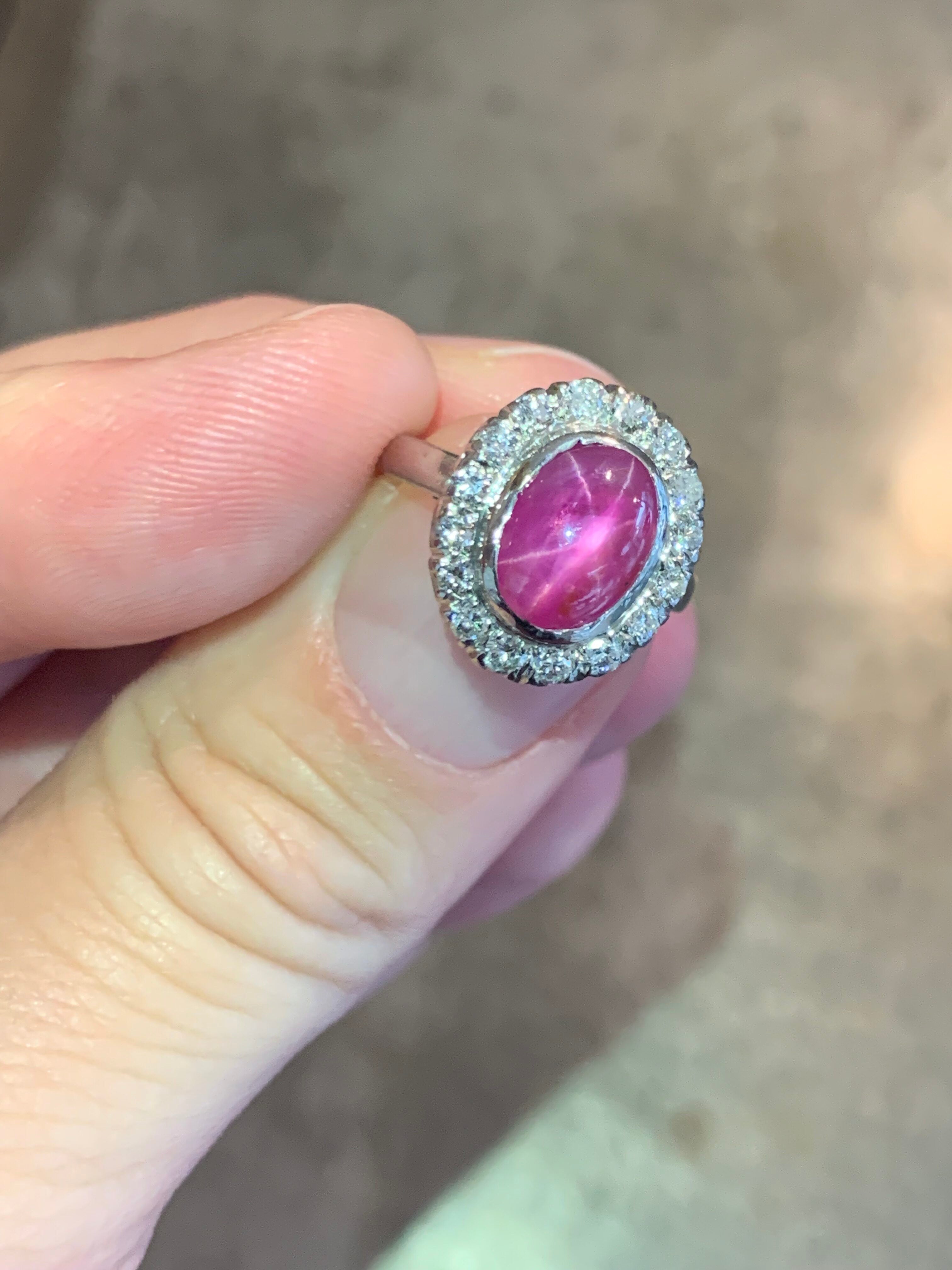 Mid-century Star Ruby and Diamond Palladium Ring, circa 1950s