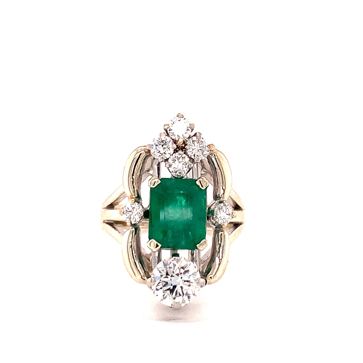 Midcentury Emerald and Diamond 14k White Gold Ring, circa 1950s