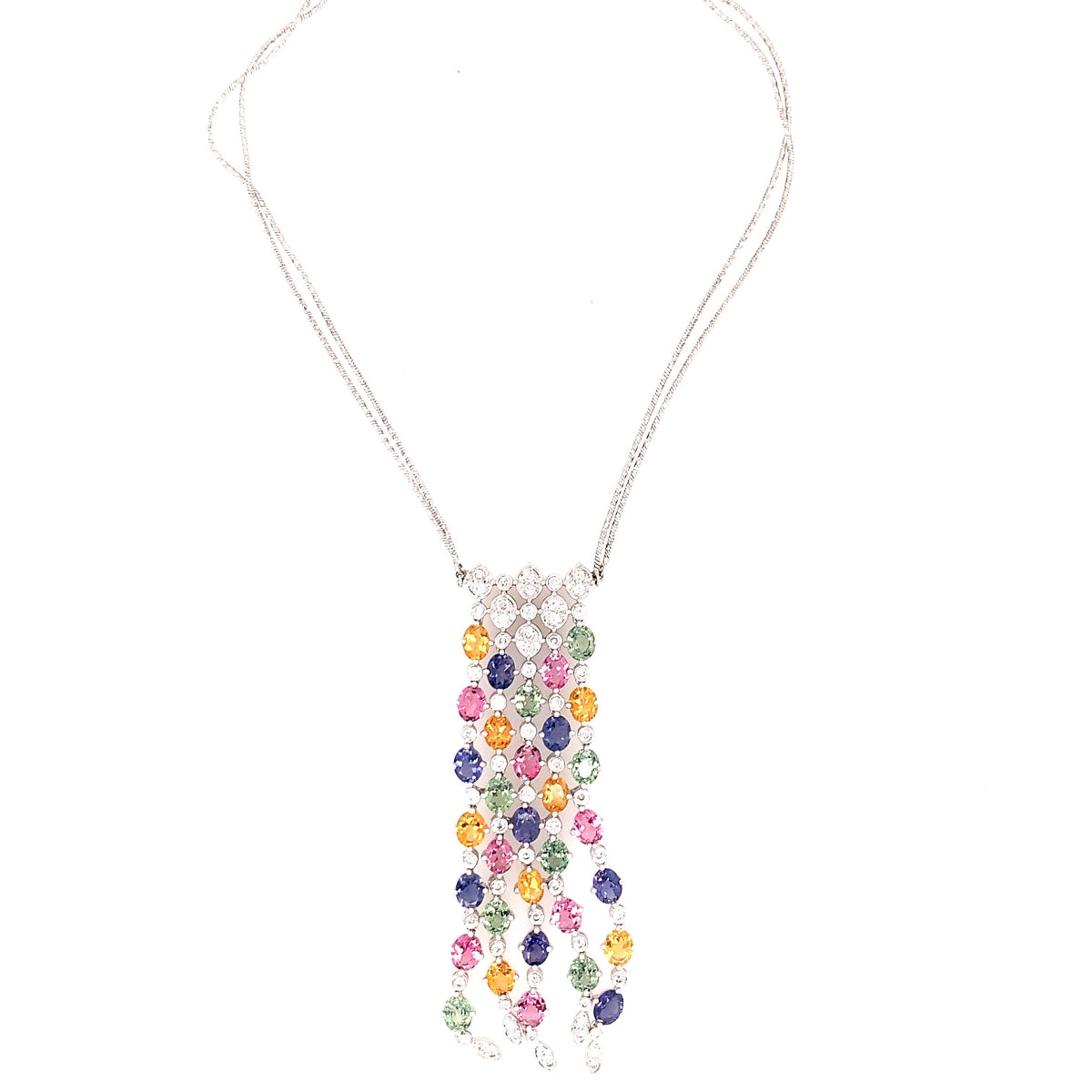 Multi-Color Sapphire and Diamond 18K White Gold Pendant, circa 1980s