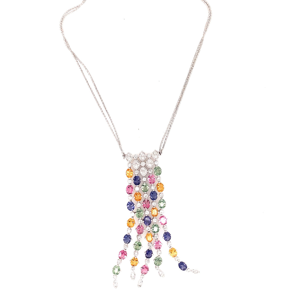 Multi-Color Sapphire and Diamond 18K White Gold Pendant, circa 1980s