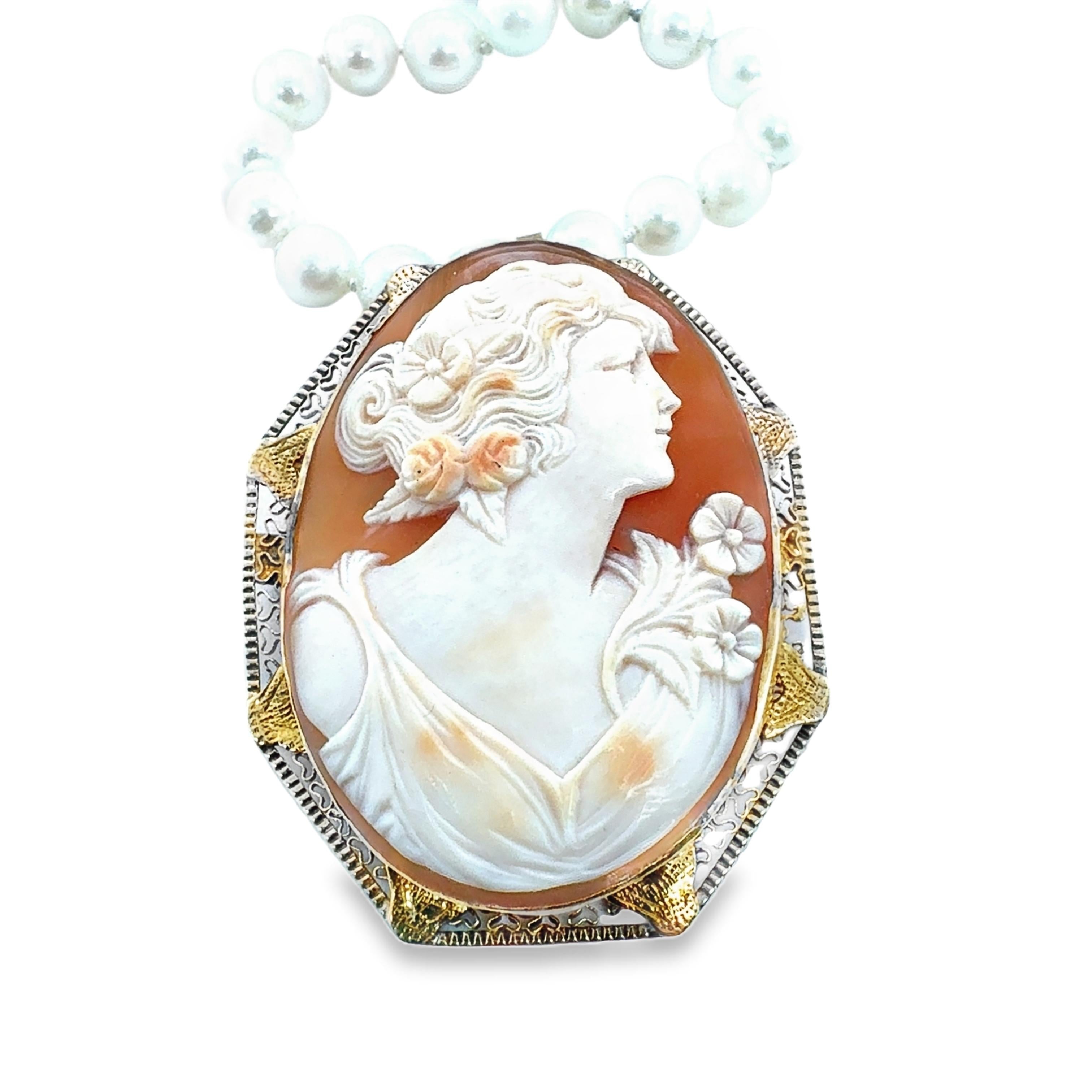 Victorian Shell Cameo and Cultured Pearl Necklace