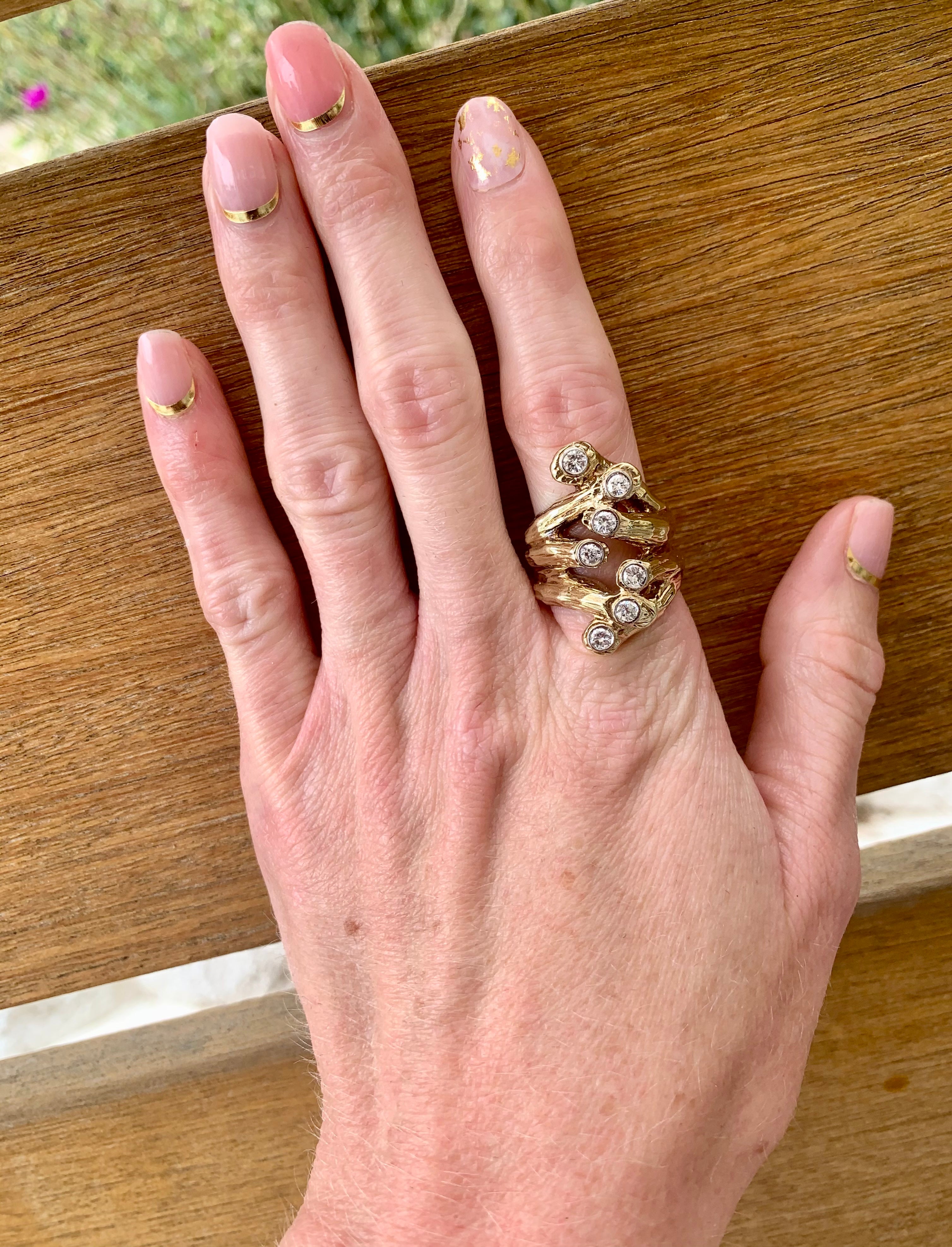 Naturalistic Designed Diamond 14K Yellow Gold Ring, circa 1960s
