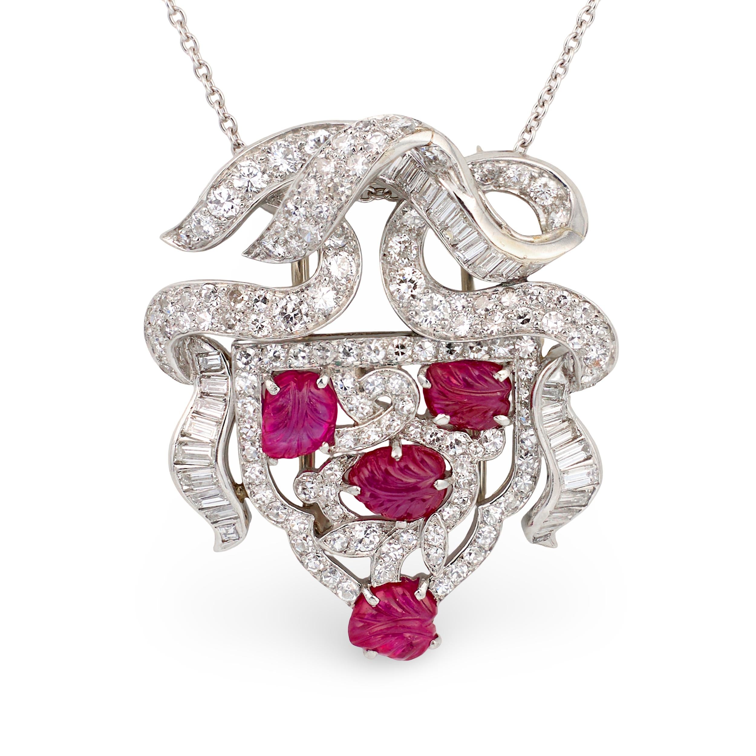 Art Deco Carved Ruby and Diamond Platinum Pendant