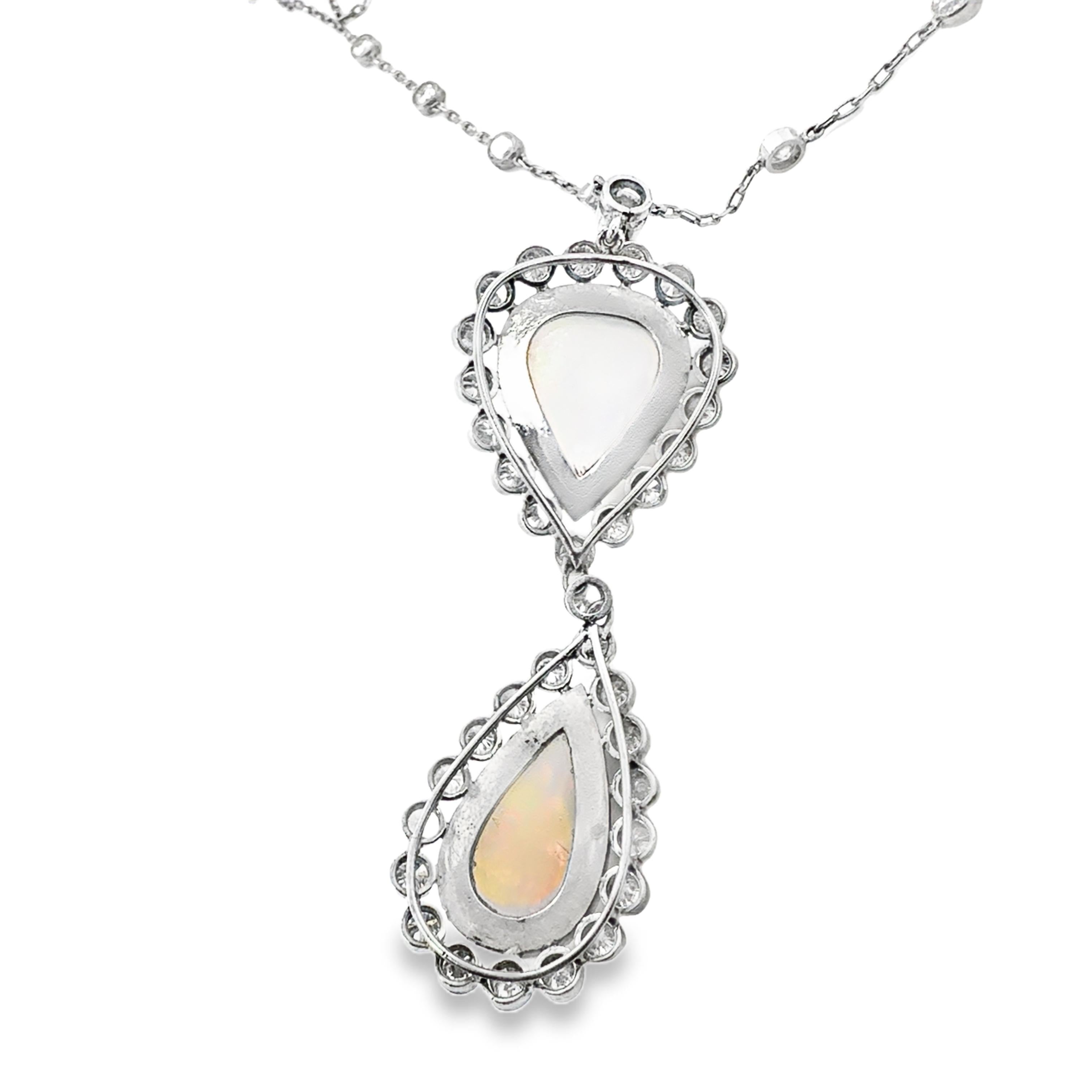 1950s Opal and Diamond Drop Pendant Necklace in 18K White Gold and Platinum