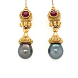 Pearl and Garnet 18K Yellow Gold Dangling Earrings, circa 1960s