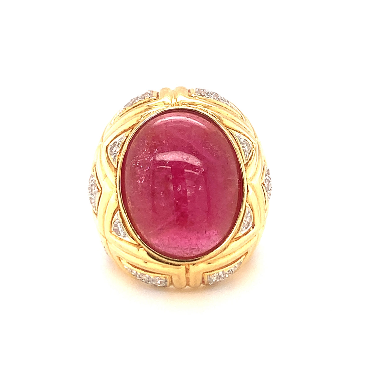 Pink Tourmaline and Diamond 18k Yellow Gold Dome Ring, circa 1970s