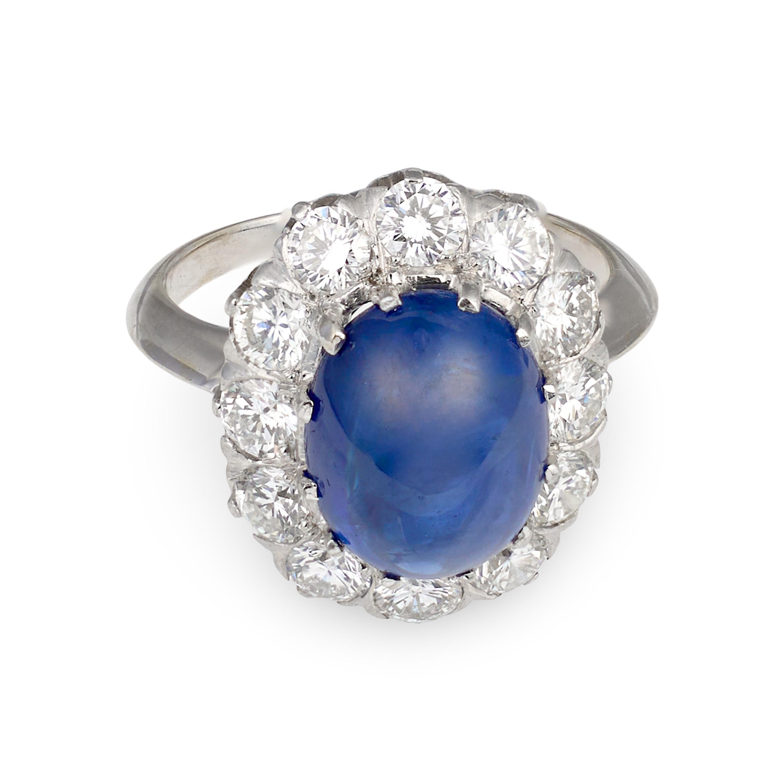 Mid-Century Sapphire and Diamond Platinum and 18K White Gold Ring, circa 1950s