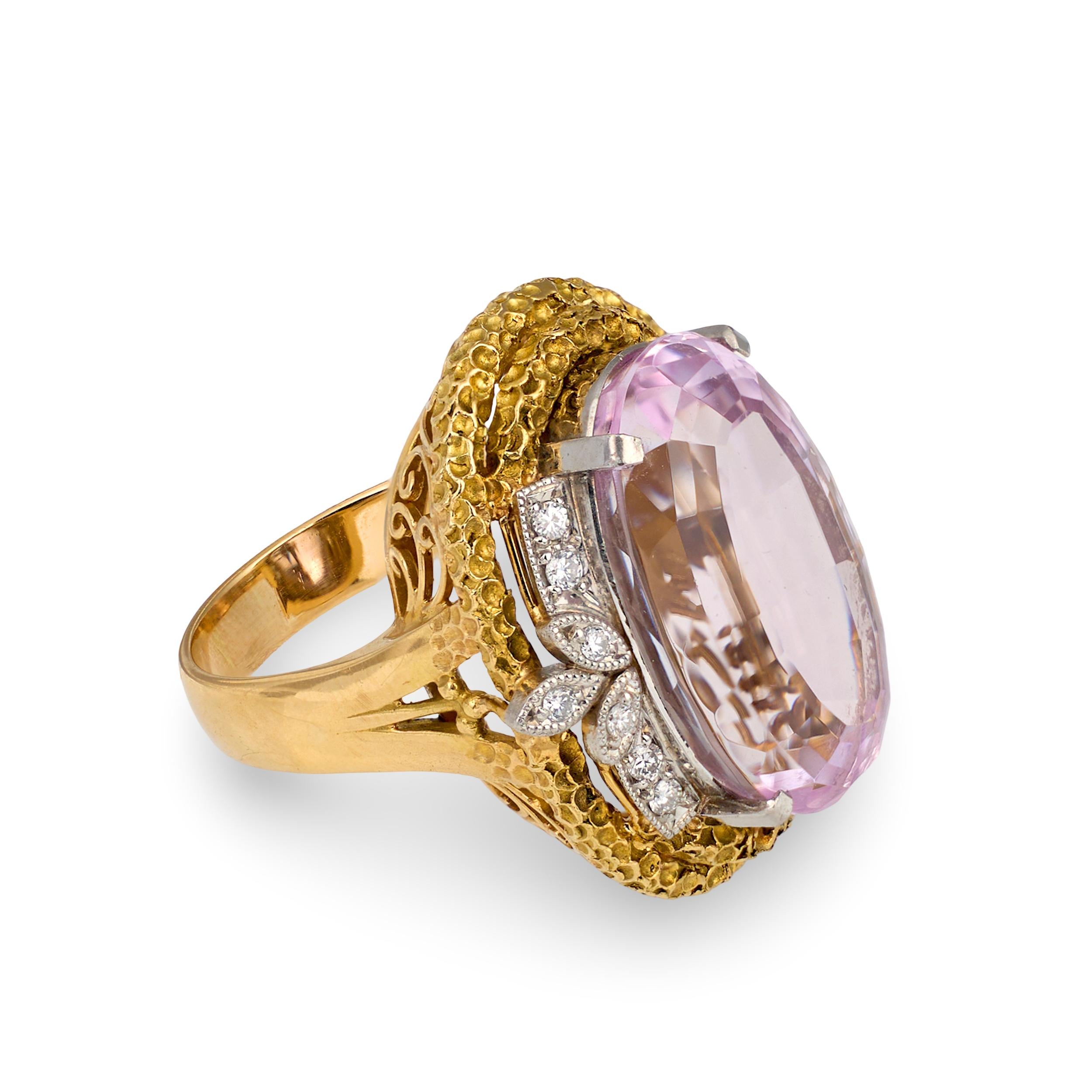 Kunzite and Diamond 18K Yellow Gold and Platinum Ring, circa 1960s