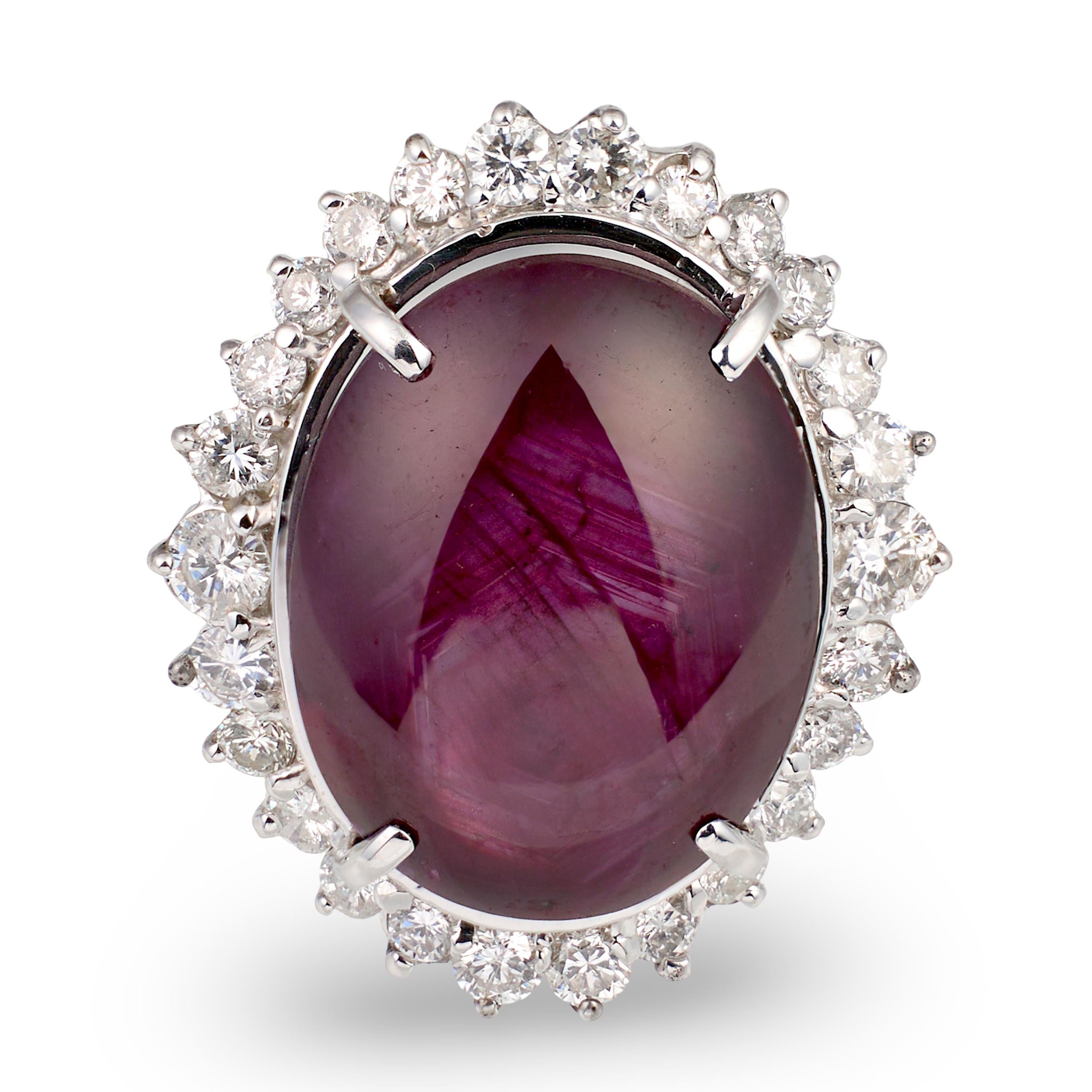 Mid-Century Star Ruby and Diamond 18k White Gold Cocktail Ring, circa 1950s