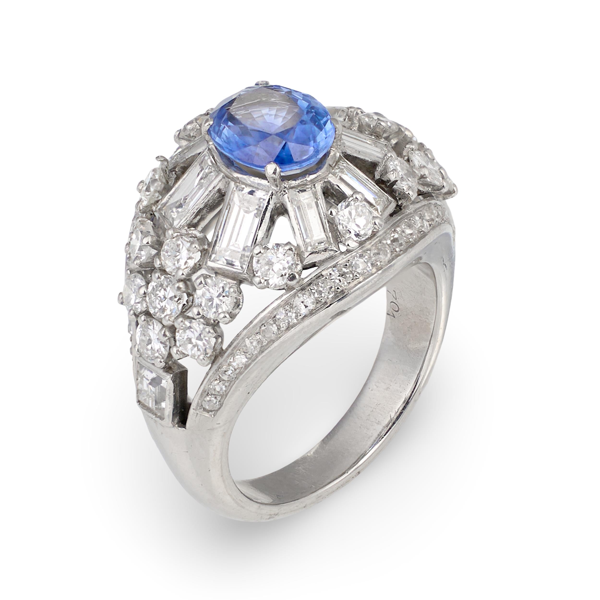 Mid-Century Mauboussin Sapphire and Diamond Platinum Ring, circa 1950s