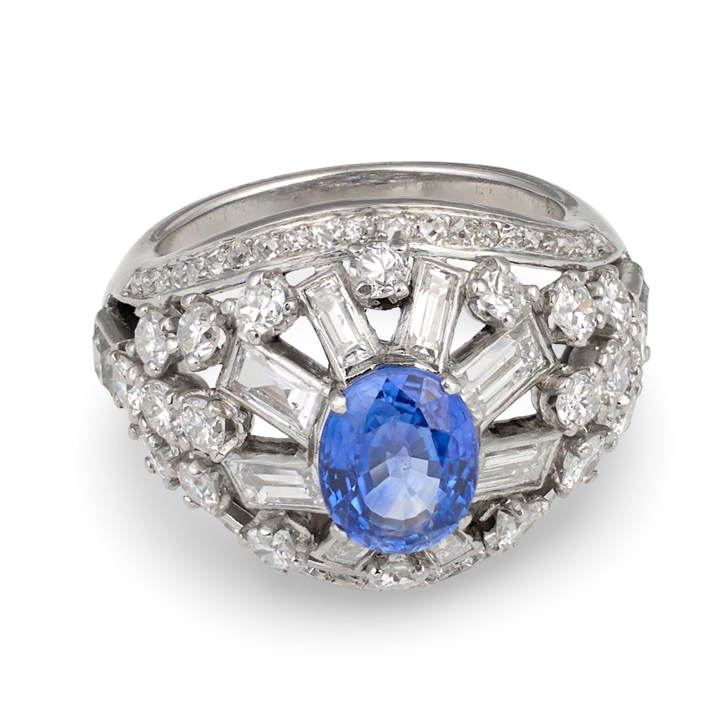 Mid-Century Mauboussin Sapphire and Diamond Platinum Ring, circa 1950s