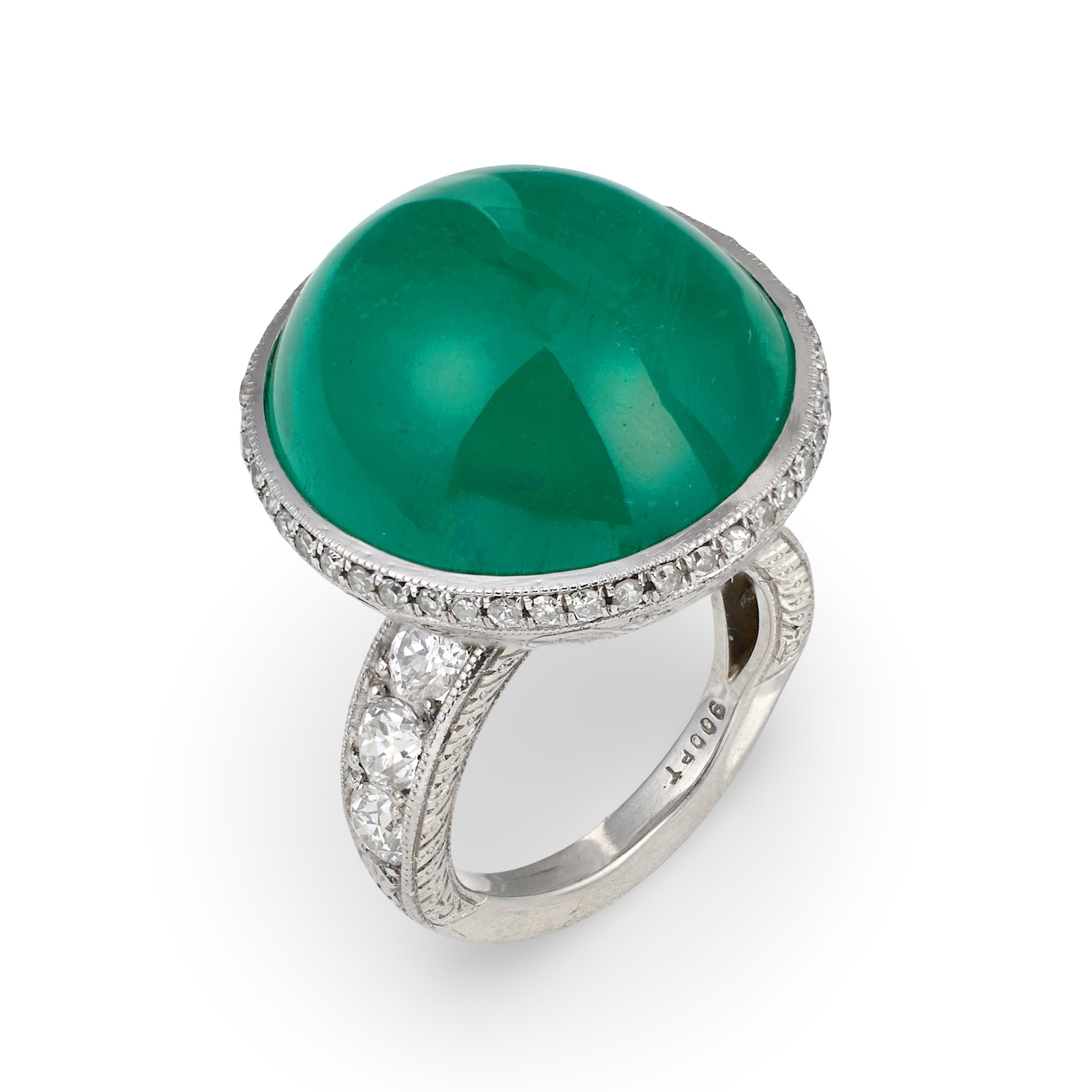 Mid-Century Emerald and Diamond Platinum Ring, circa 1950s