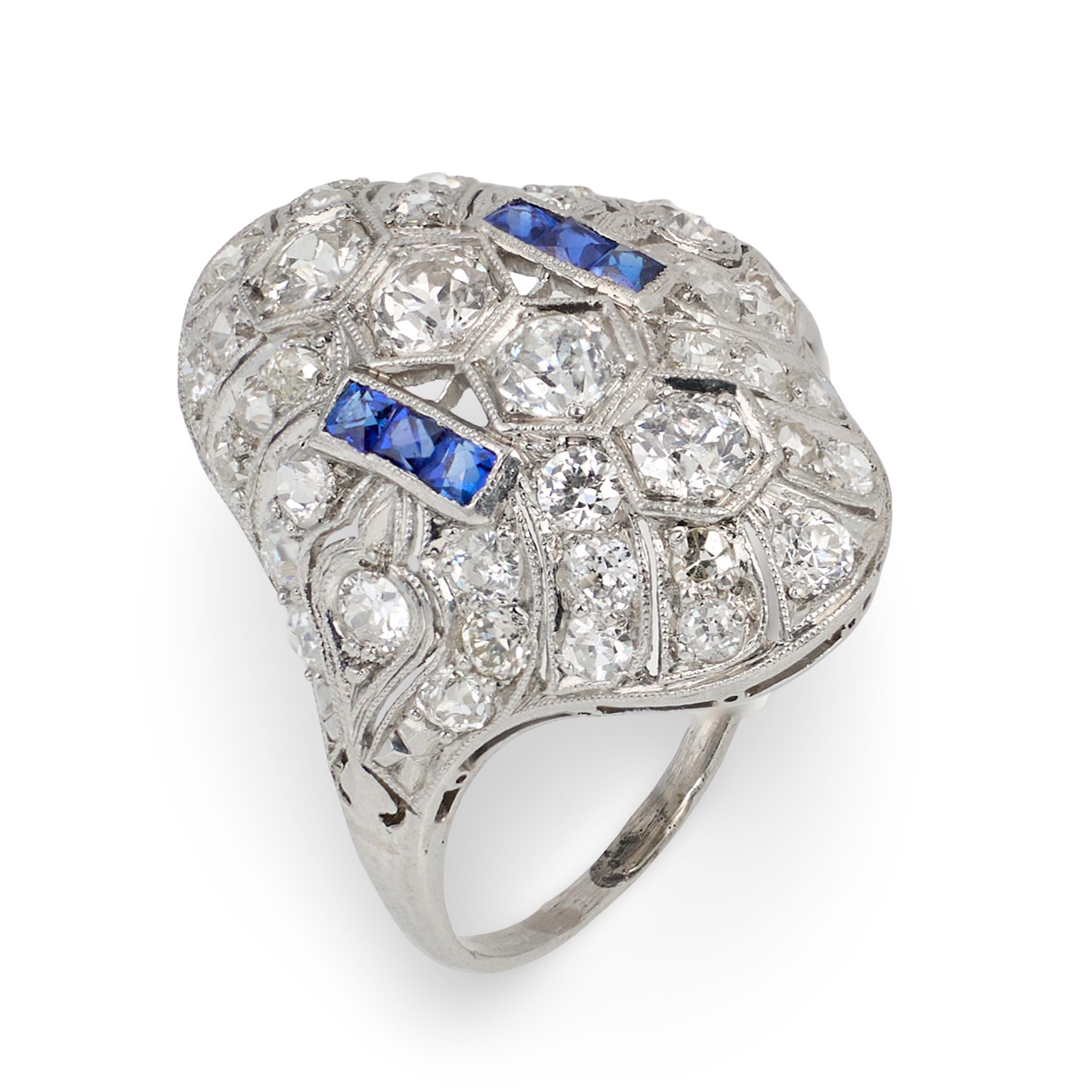 Art Deco Diamond and Sapphire Platinum Filigree Ring, circa 1920s