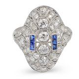 Art Deco Diamond and Sapphire Platinum Filigree Ring, circa 1920s