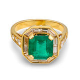 Emerald and Diamond 18k Yellow Gold Ring, circa 1970s
