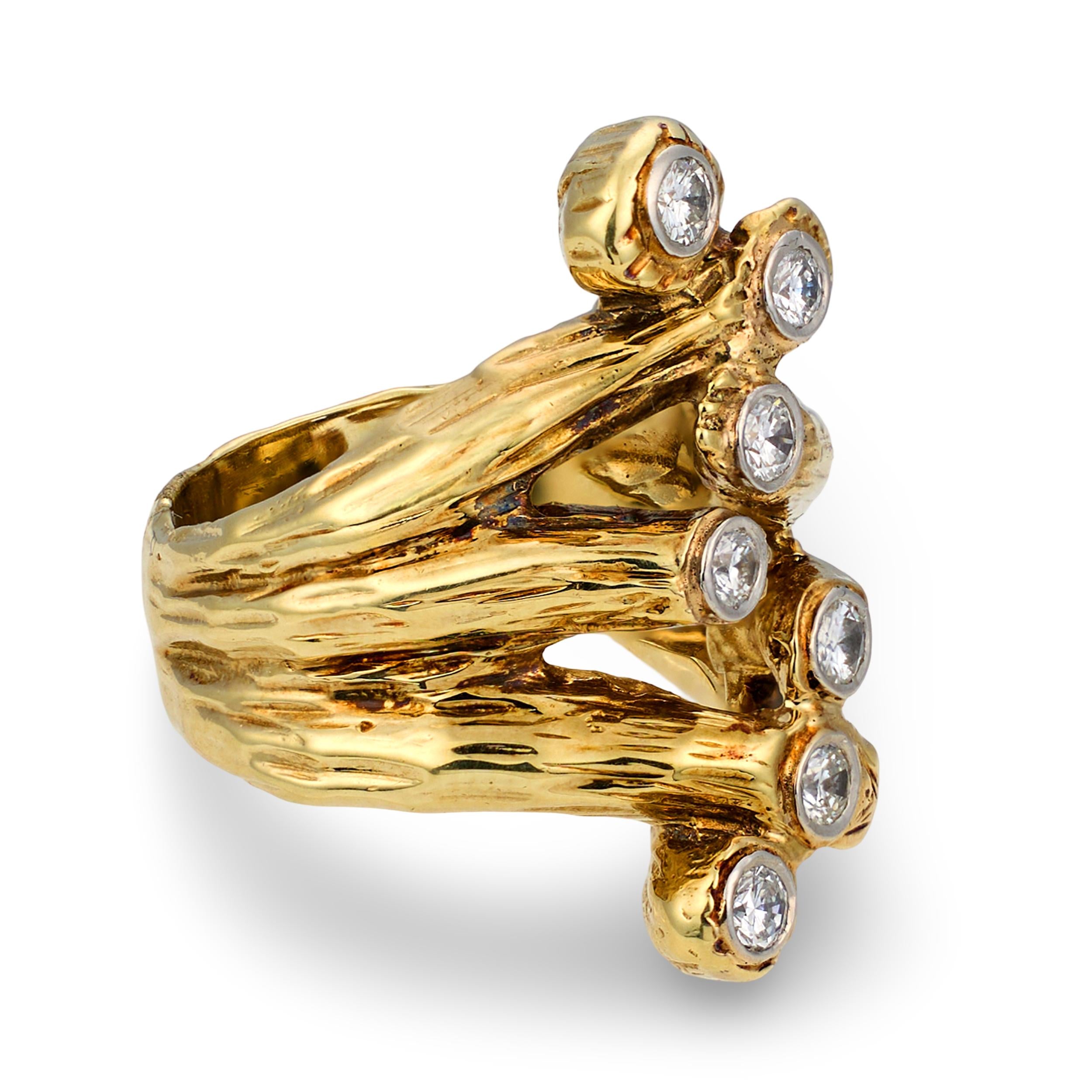 Naturalistic Designed Diamond 14K Yellow Gold Ring, circa 1960s