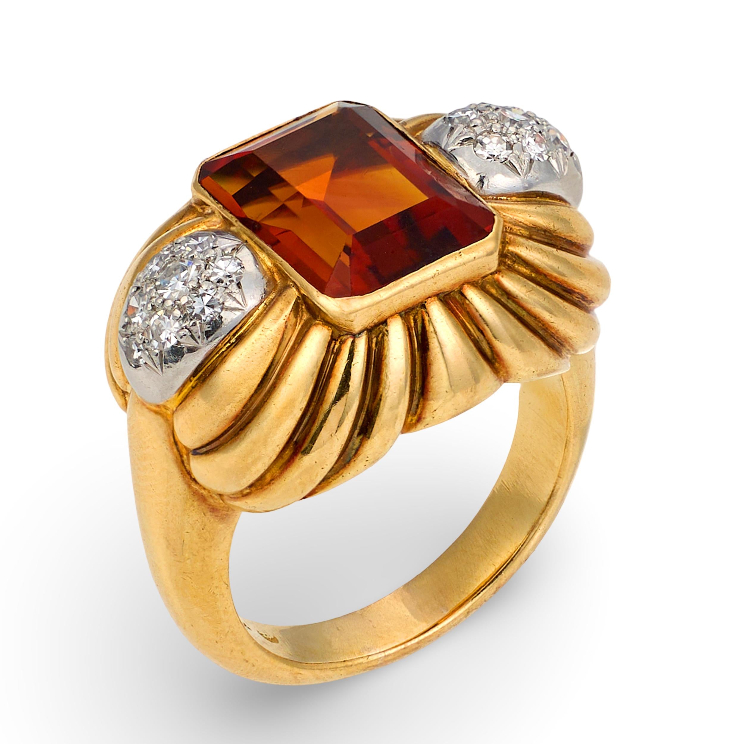 Madeira Citrine Ring in 18K Yellow Gold, circa 1940s