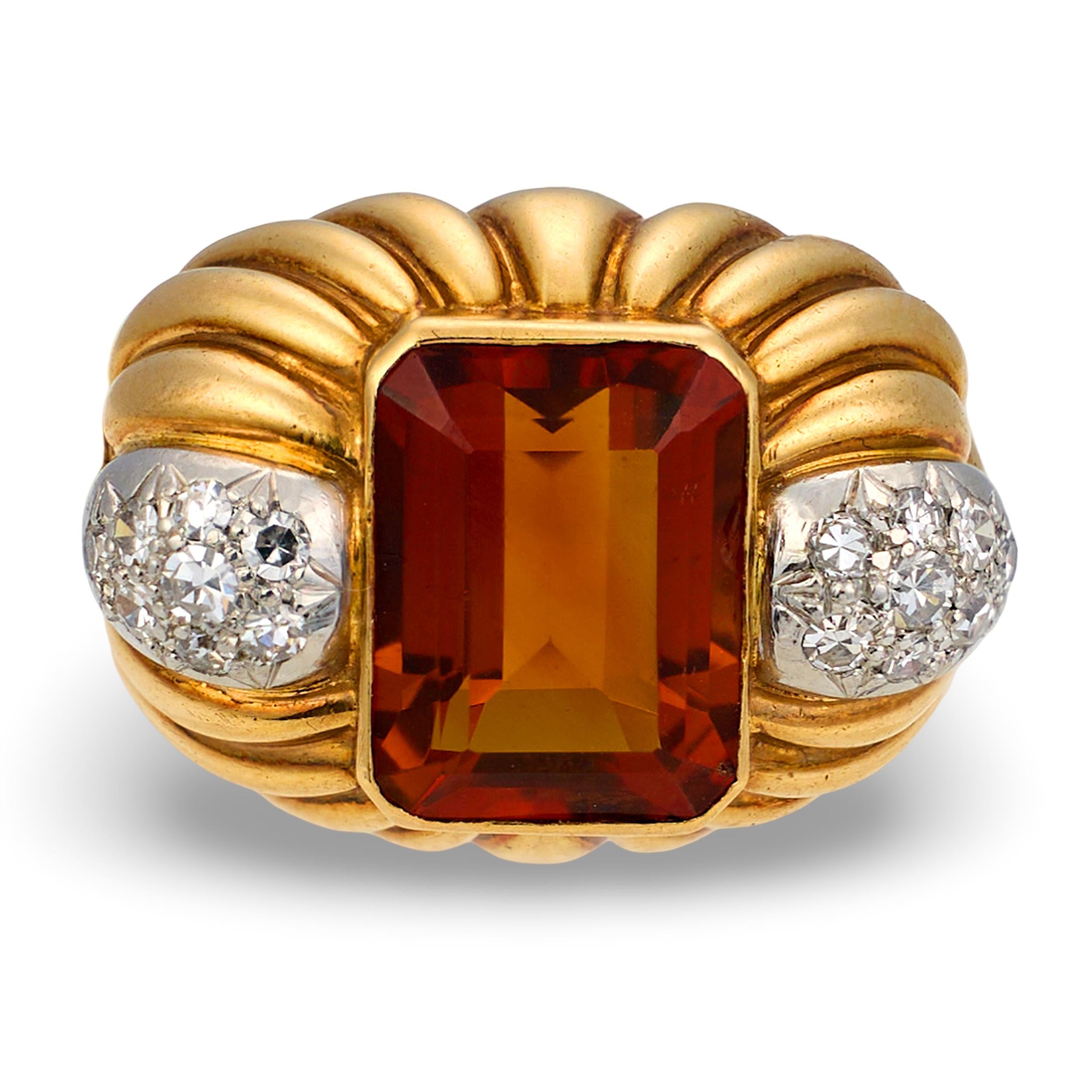 Madeira Citrine Ring in 18K Yellow Gold, circa 1940s