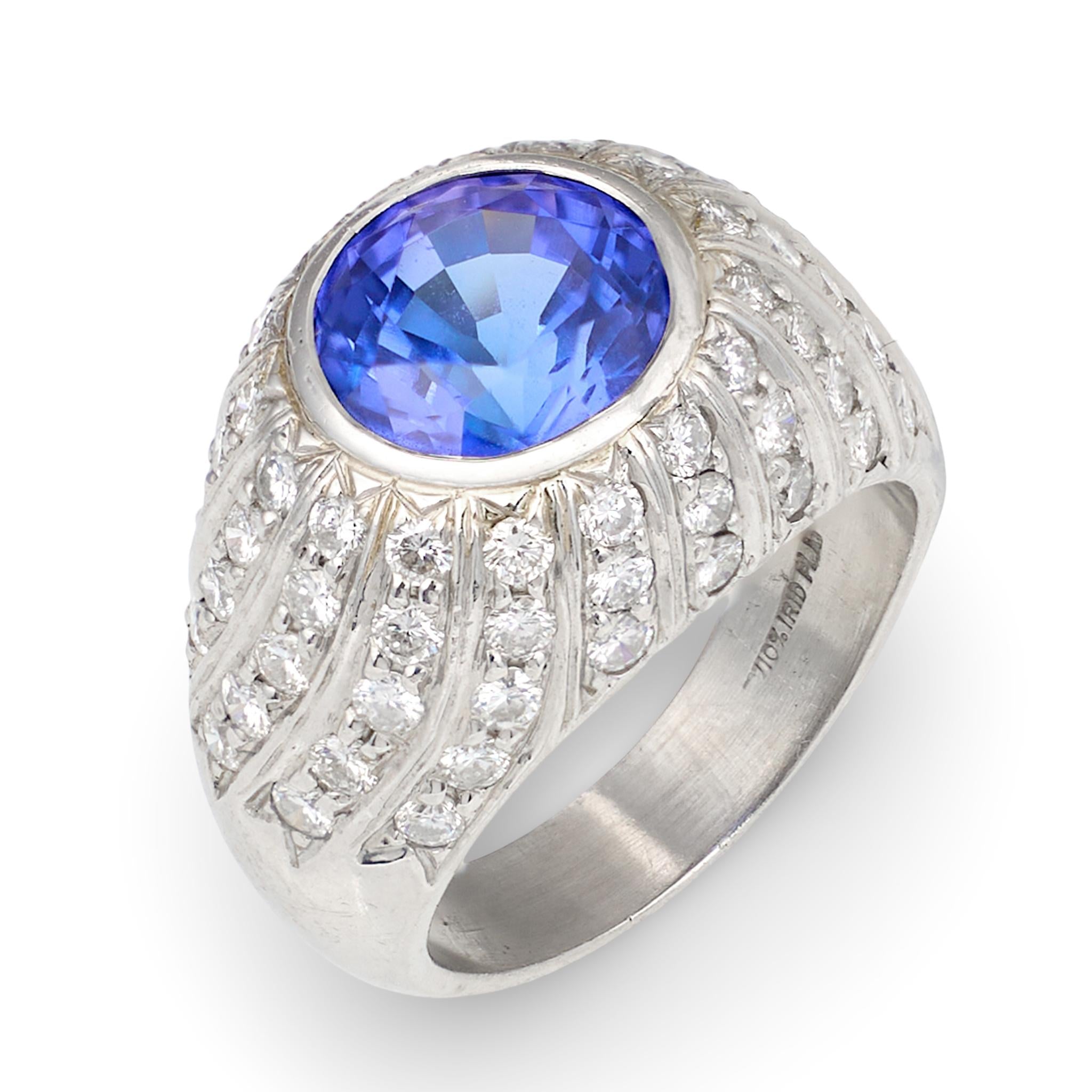 Tanzanite and Diamond Platinum Ring, 4.50 ct Bezel-Set Tanzanite, Circa 1970s