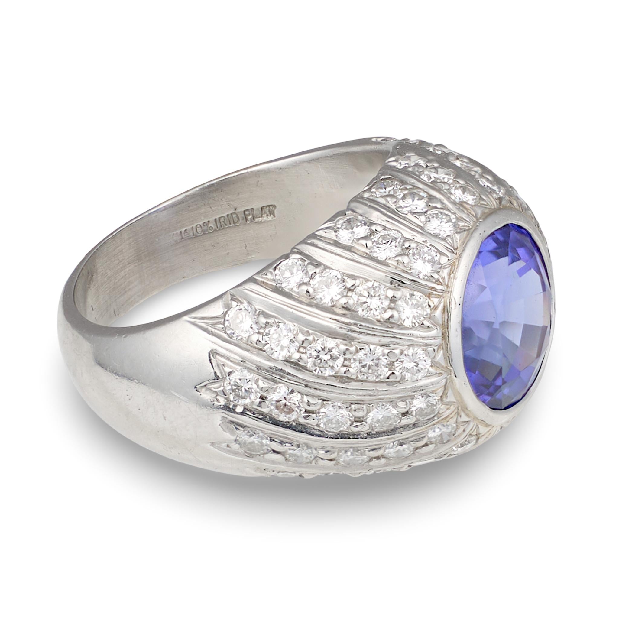 Tanzanite and Diamond Platinum Ring, 4.50 ct Bezel-Set Tanzanite, Circa 1970s