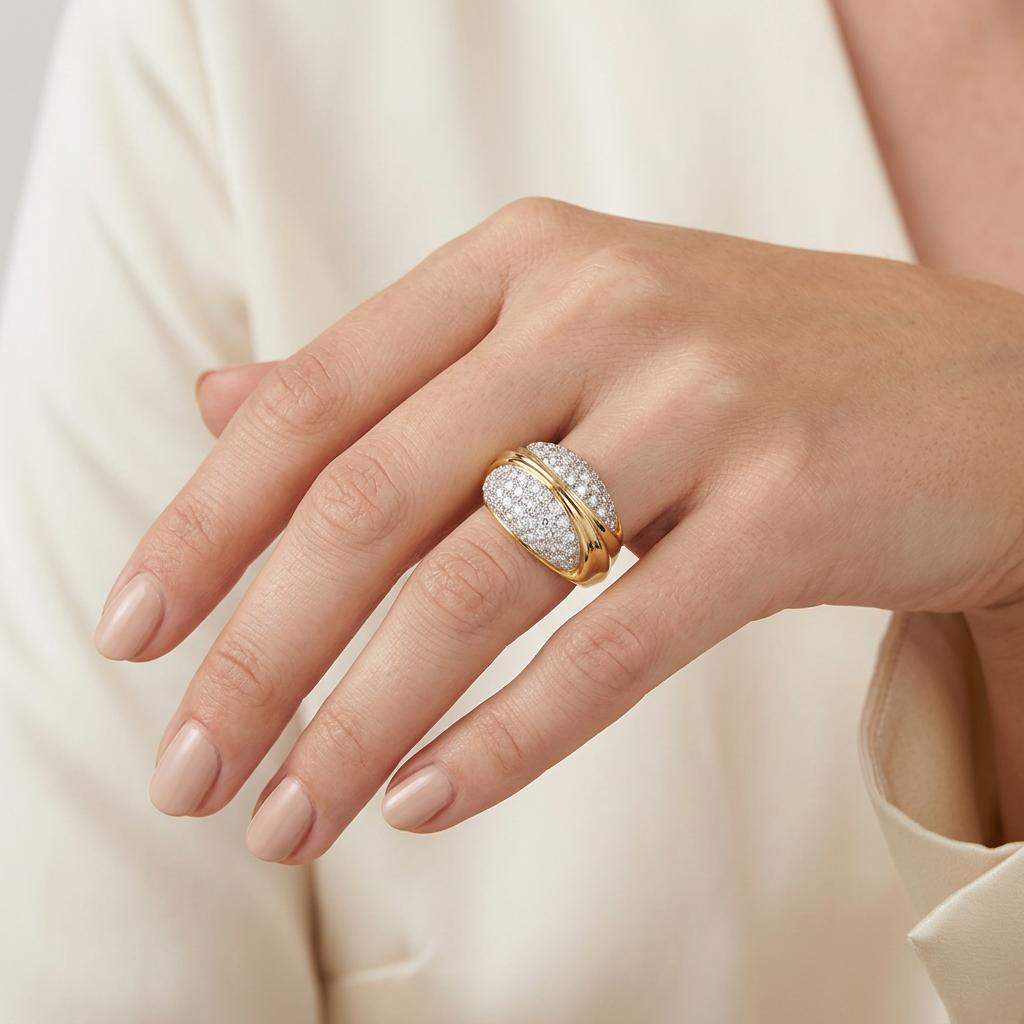 Vintage 1970s Diamond Dome Ring, 80 Diamonds 3.25ct, 18K Yellow Gold and Platinu