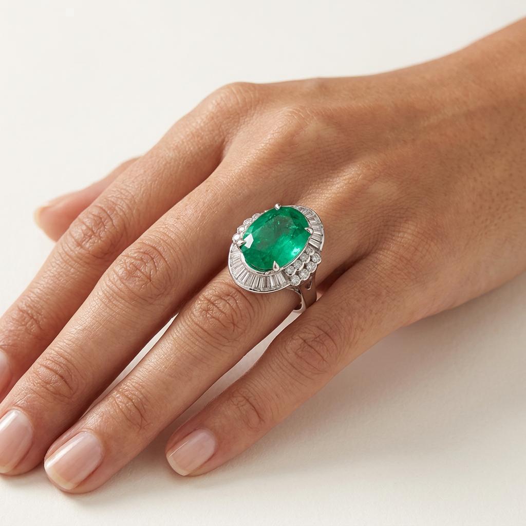 Art Deco Emerald & Diamond Platinum Ring, 15ct Oval Emerald, Circa 1930s
