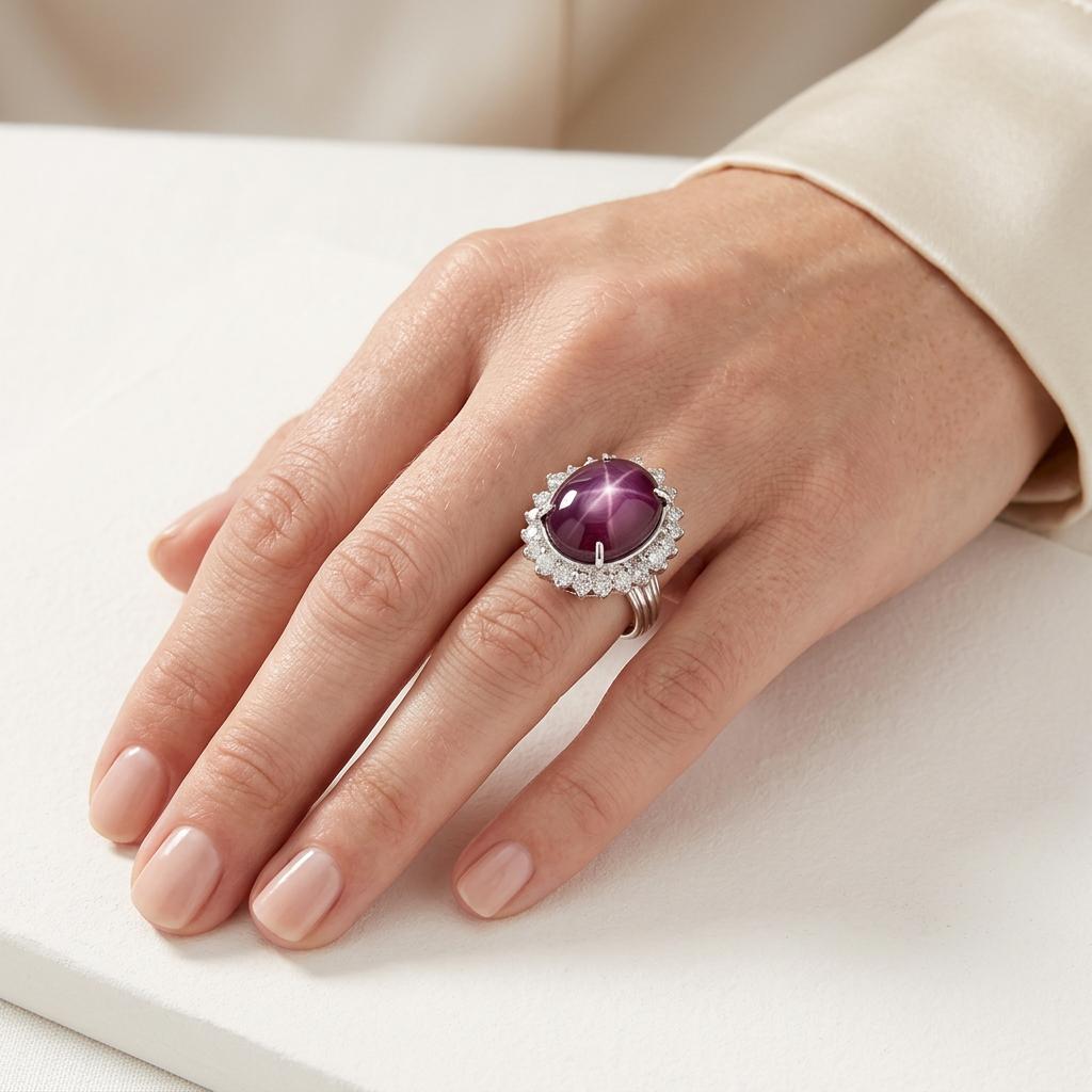 GIA Certified 41.23ct No-Heat Natural Star Ruby and Diamond 18K White Gold Cockt