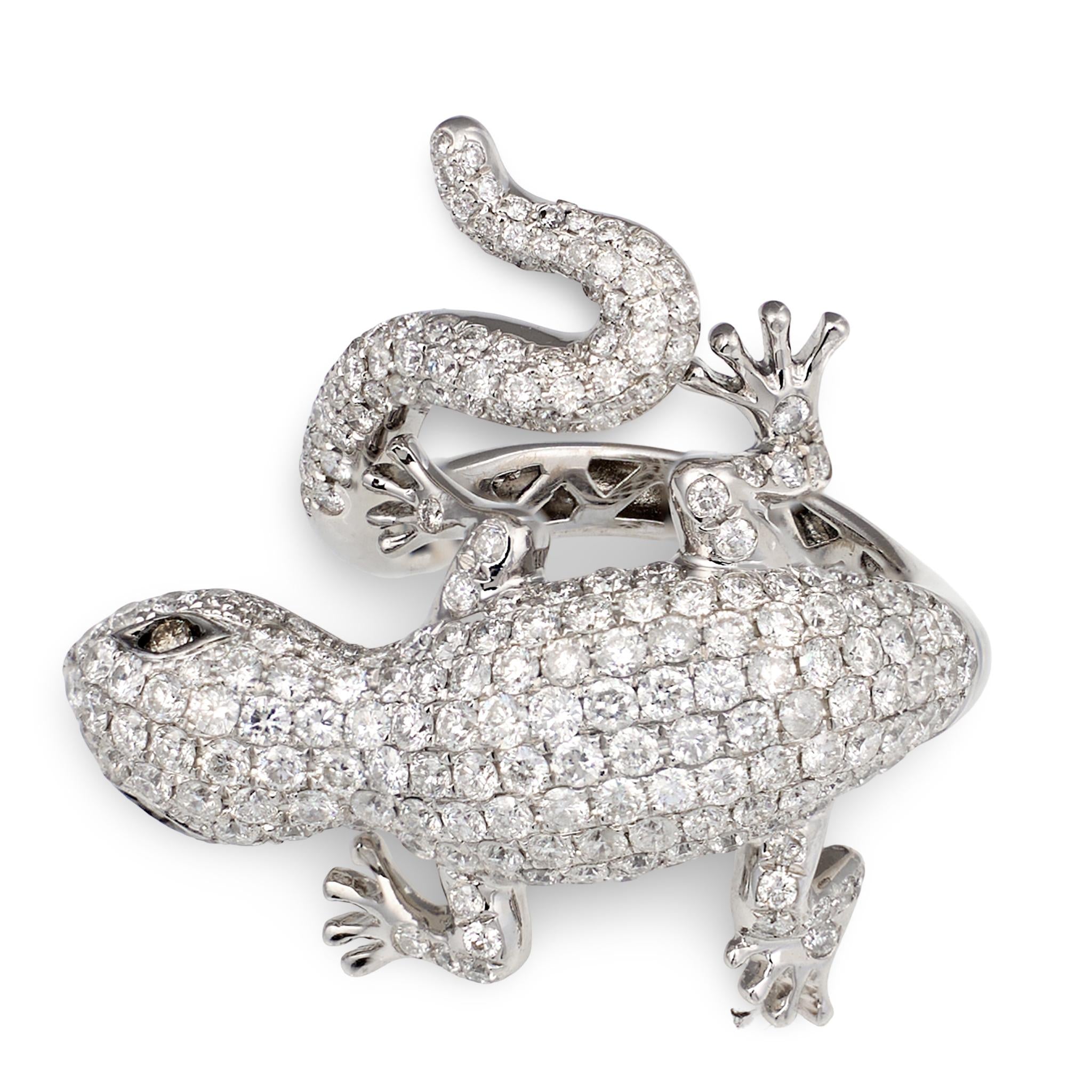 Vintage 1970s Diamond Pave Salamander Ring, 2.82ct, 18K White Gold, Figural Liza