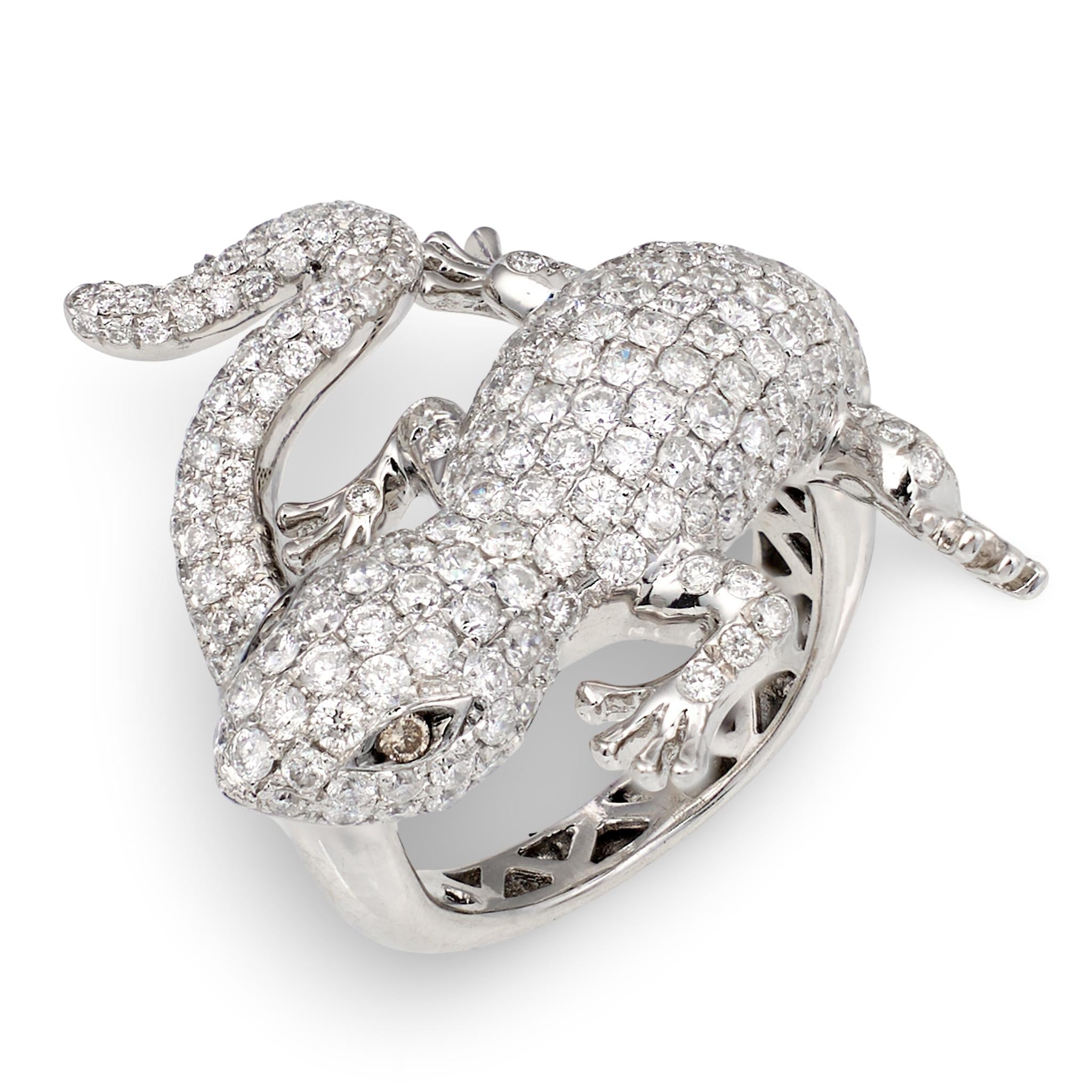 Vintage 1970s Diamond Pave Salamander Ring, 2.82ct, 18K White Gold, Figural Liza