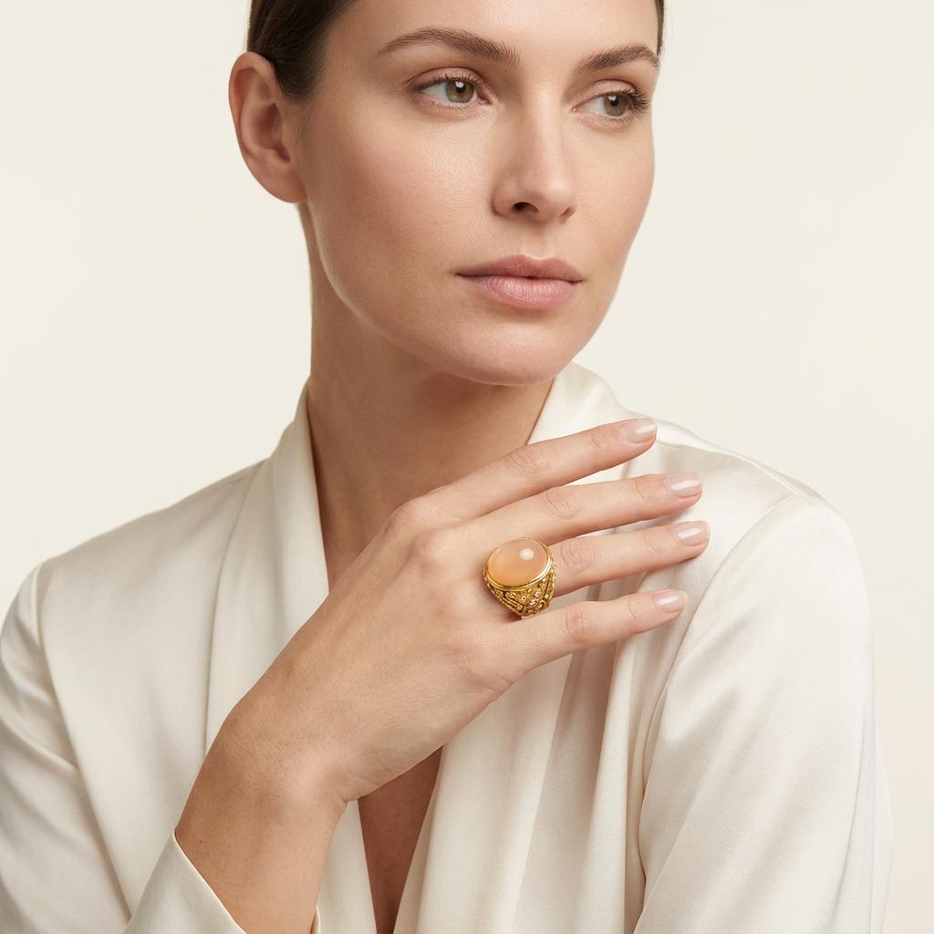 18K Gold Peach Moonstone & 0.2ct Diamond Statement Ring, 44ct, Signed Zeiner, 1970s