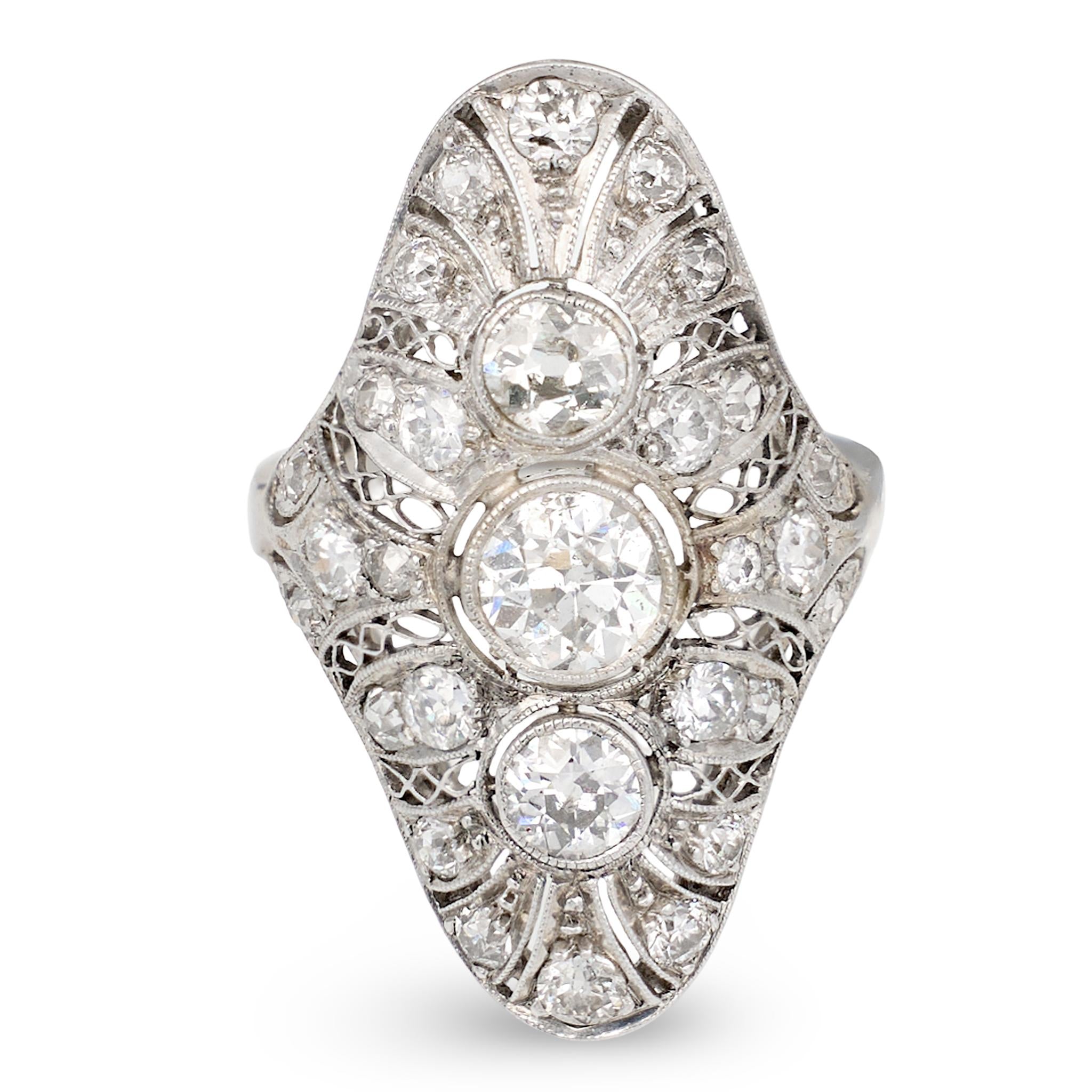 Art Deco Diamond Filigree Platinum Ring, 2.80ct, Handmade, 1920s