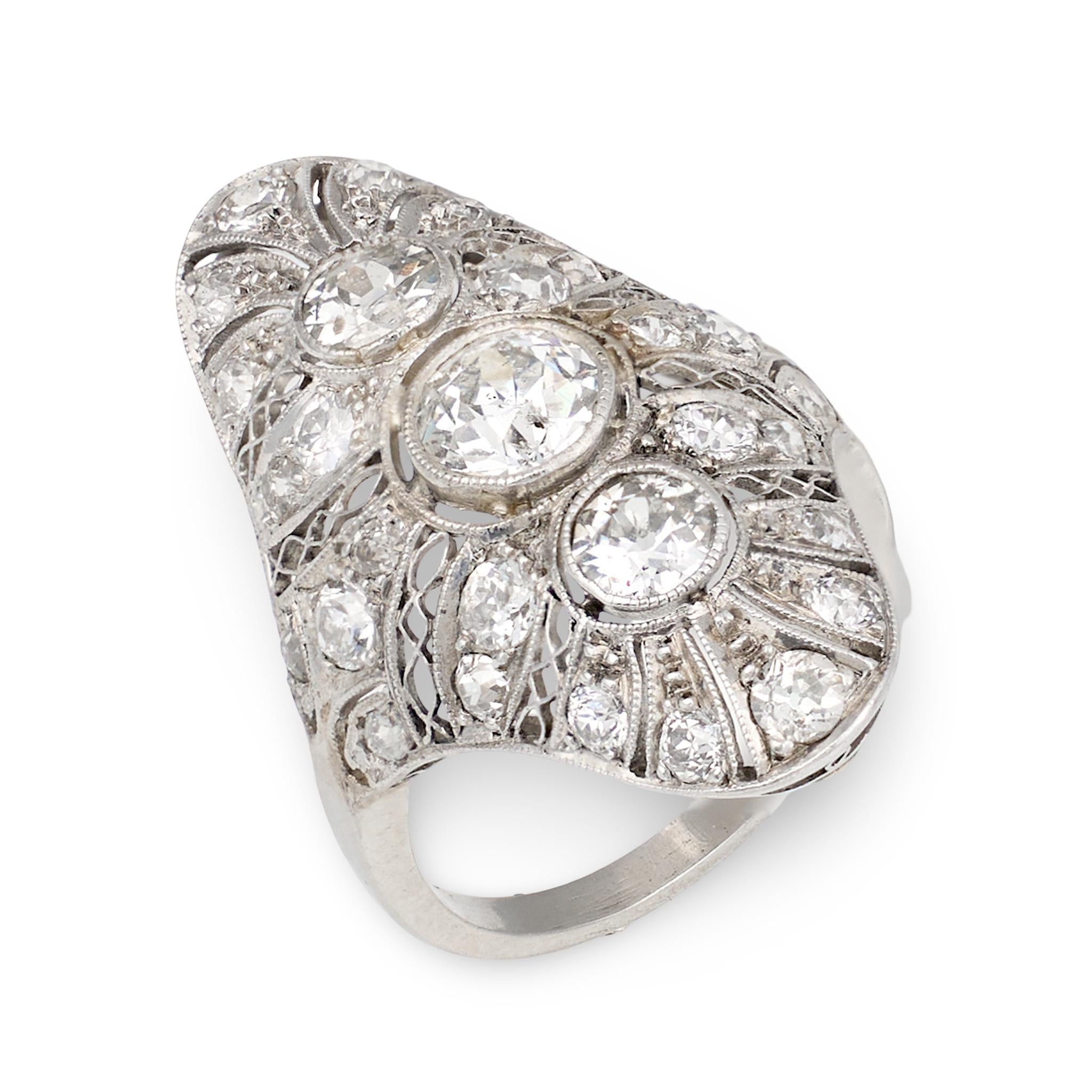 Art Deco Diamond Filigree Platinum Ring, 2.80ct, Handmade, 1920s