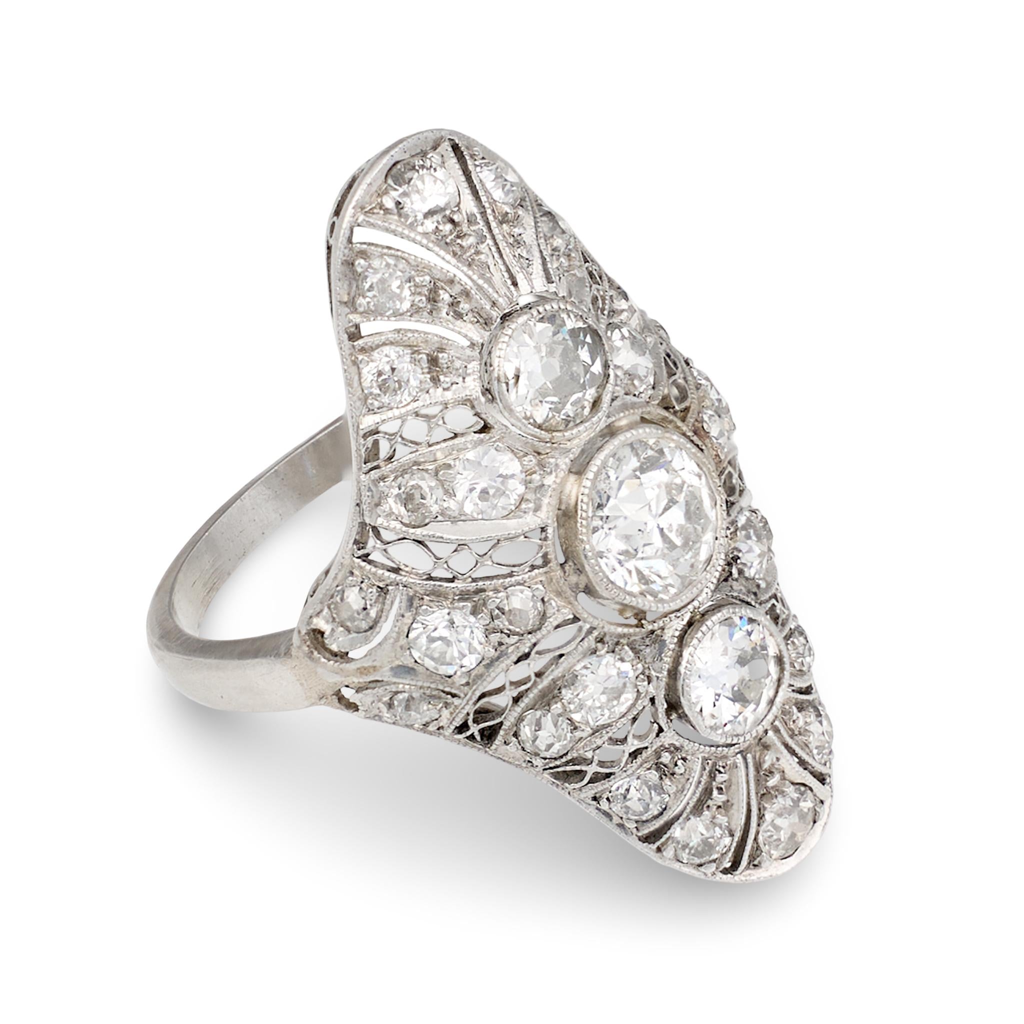 Art Deco Diamond Filigree Platinum Ring, 2.80ct, Handmade, 1920s