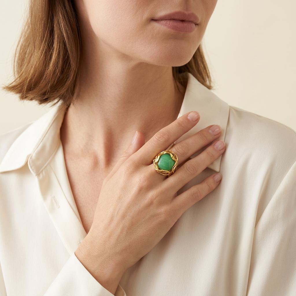 Certified Grade A Green Jade 18K Yellow Gold Ring, Circa 1960s