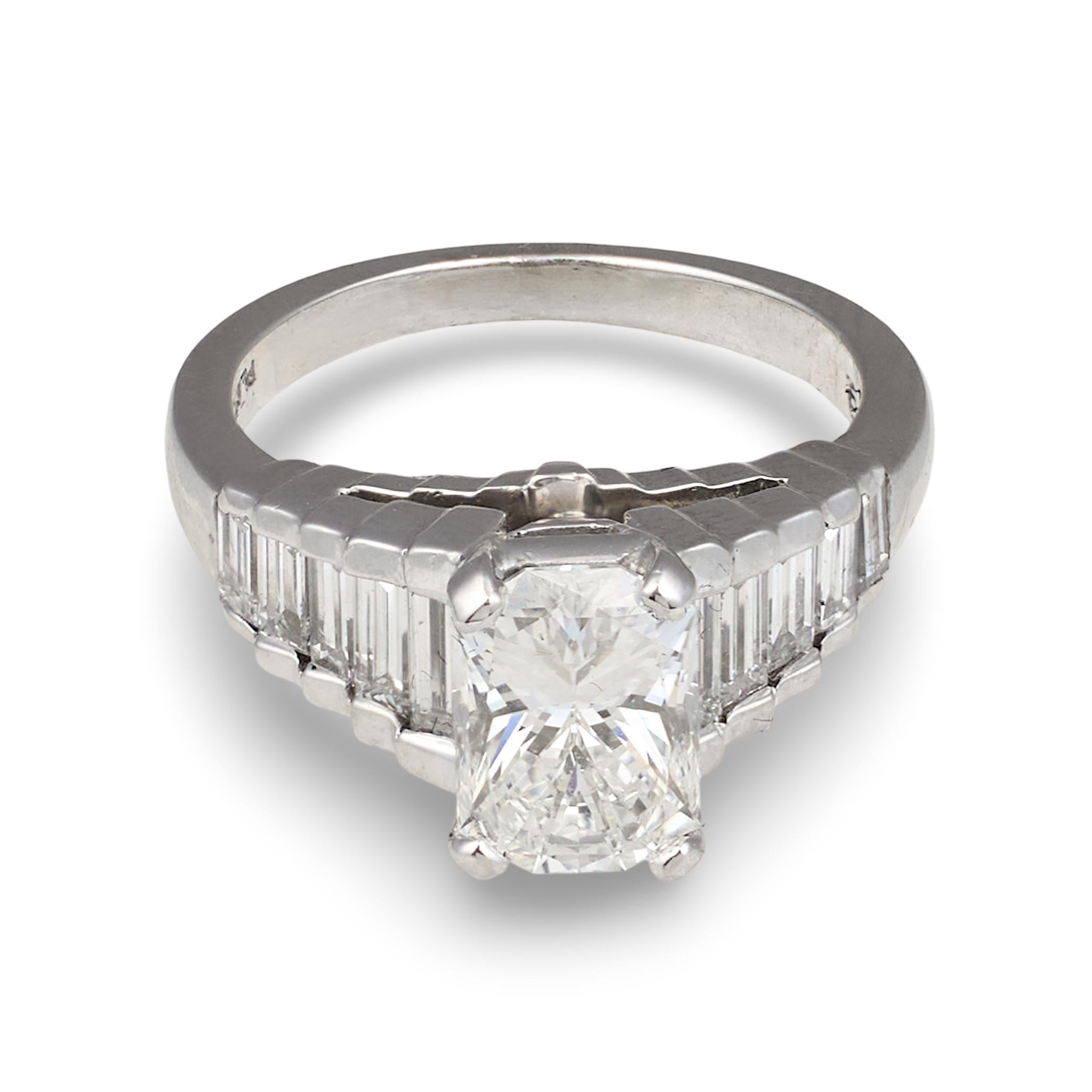 GIA Certified 1.79ct Radiant Diamond Platinum Ring, Tiered Baguettes