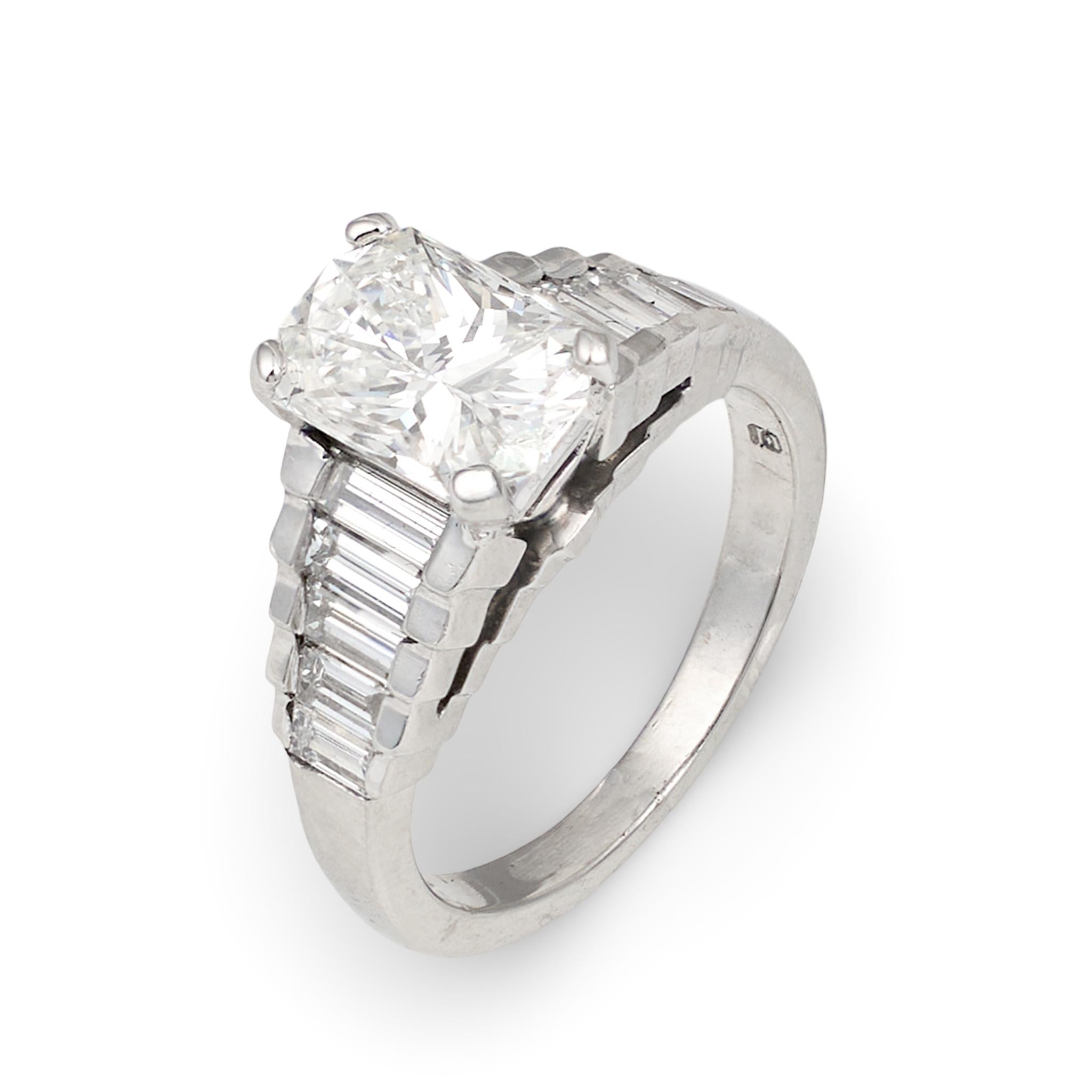 GIA Certified 1.79ct Radiant Diamond Platinum Ring, Tiered Baguettes