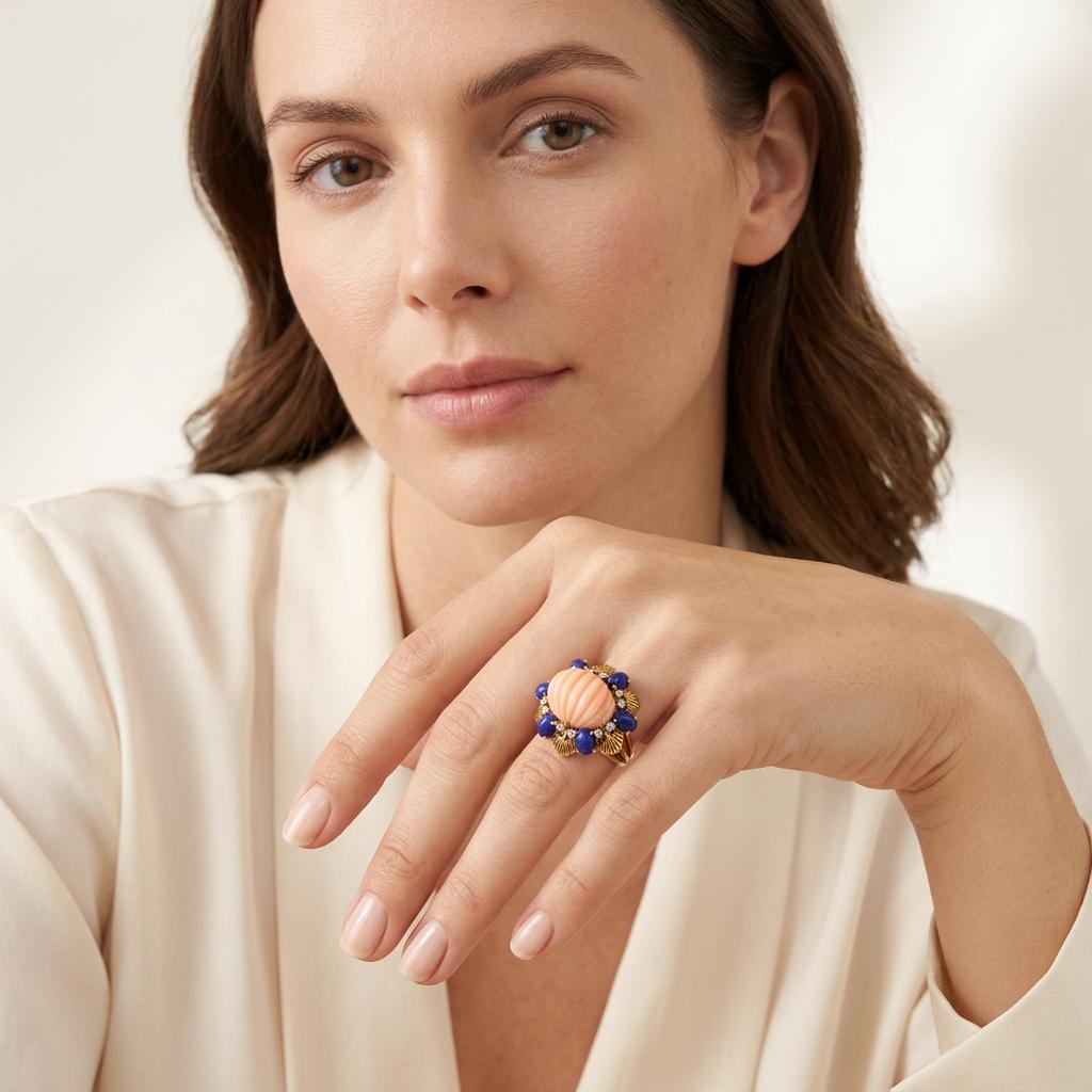 Pink Coral, Lapis Lazuli and Diamond Ring in 18K Yellow Gold, Circa 1960s