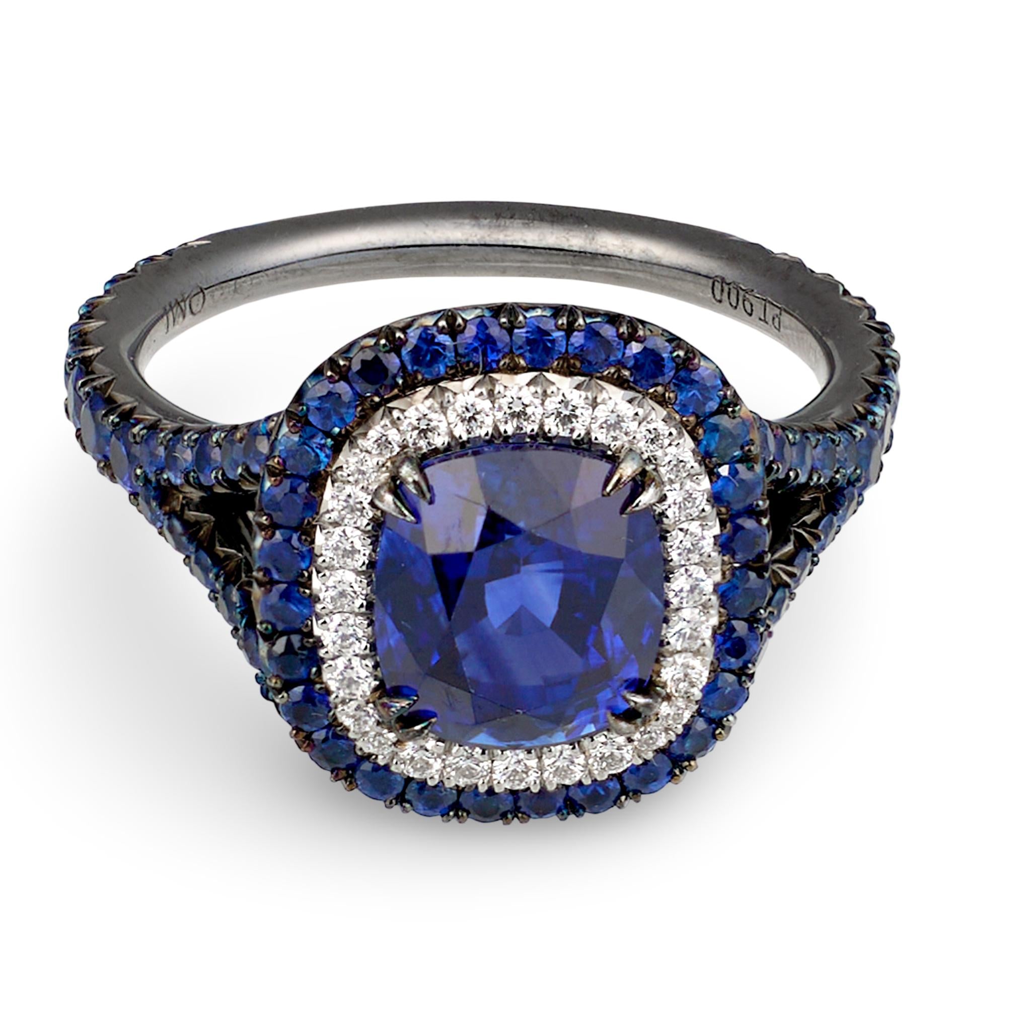 Omi Privé Sapphire and Diamond Blackened Platinum Ring, Duet Collection