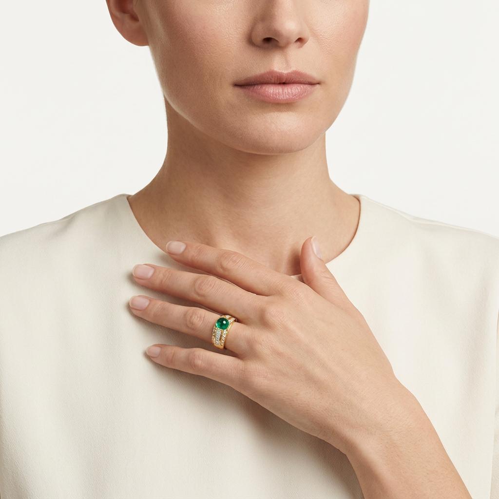 Tiffany & Co. Sugarloaf Cabochon Emerald and Diamond Ring, 18K Yellow Gold, 1970