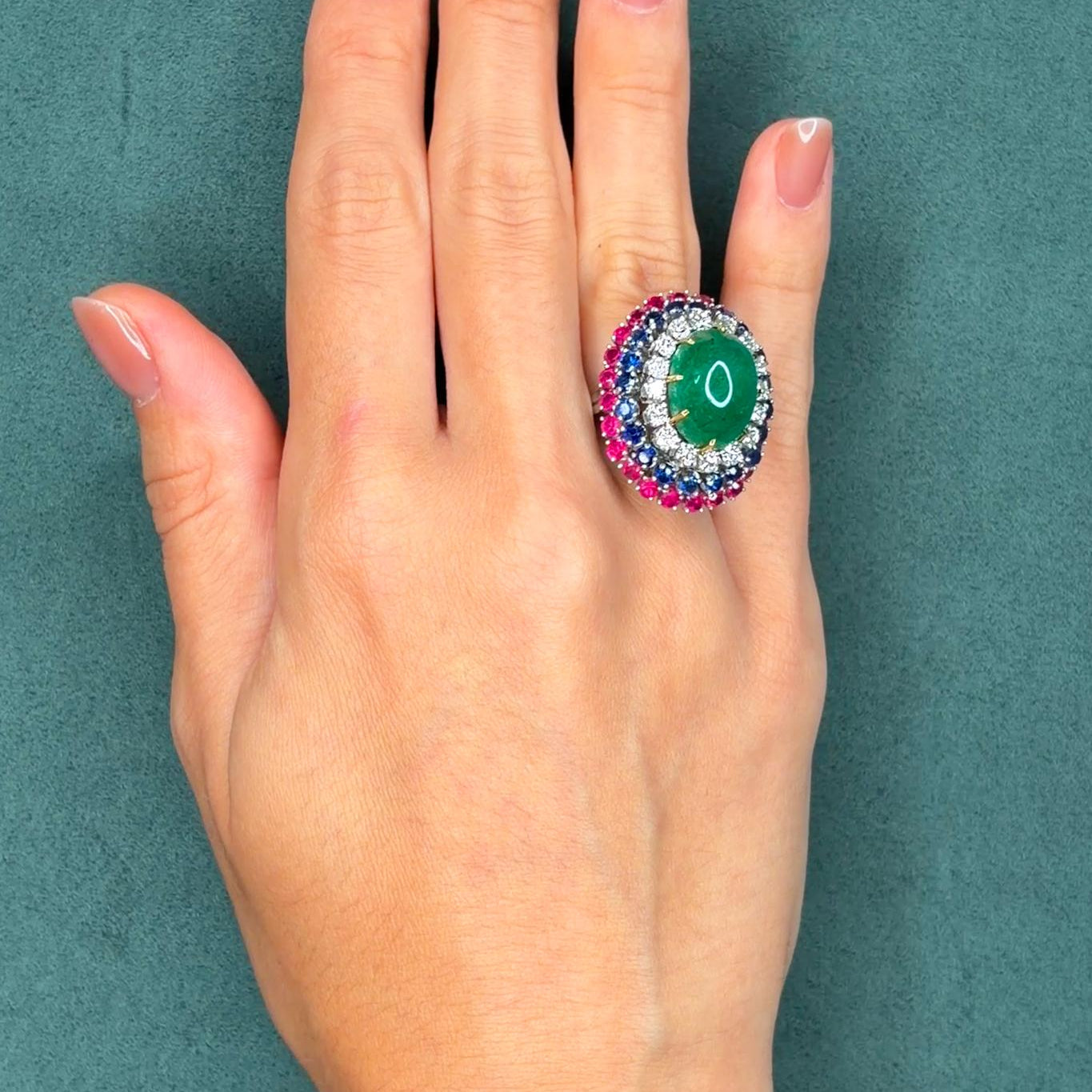 Multi-Gem Bombe Cocktail Ring, Cabochon 11.0ct Emerald, Ruby, Sapphire and Diamond