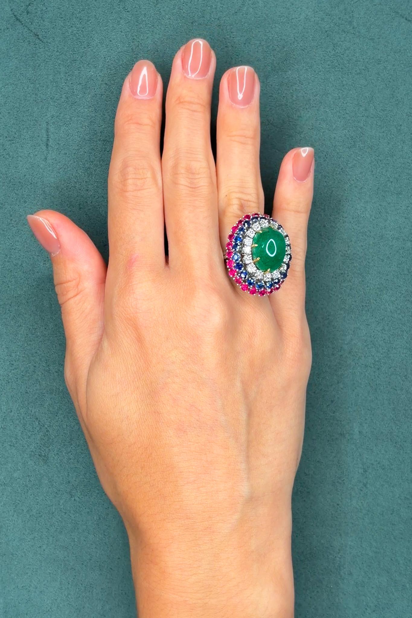 Multi-Gem Bombe Cocktail Ring, Cabochon 11.0ct Emerald, Ruby, Sapphire and Diamond