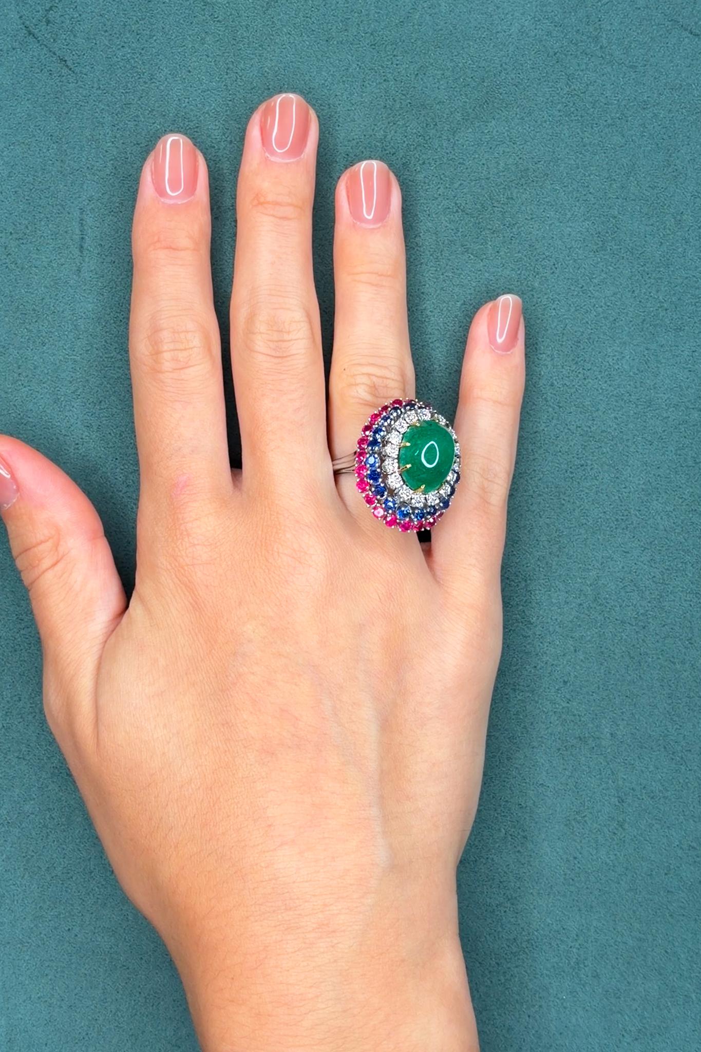 Multi-Gem Bombe Cocktail Ring, Cabochon 11.0ct Emerald, Ruby, Sapphire and Diamond